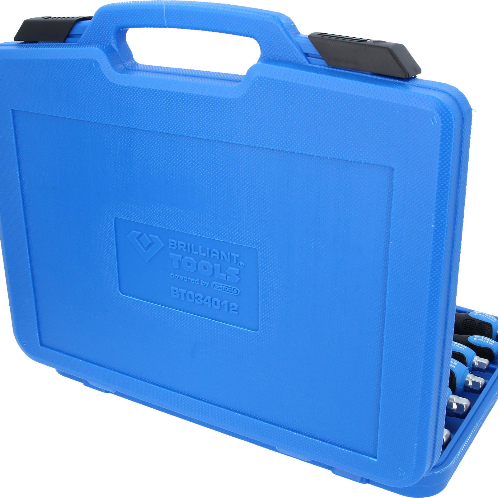 Niebieska walizka na narzędzia, częściowo otwarta, odsłania narzędzia. Walizka ma uchwyt i markę 'Brilliant Tools'.