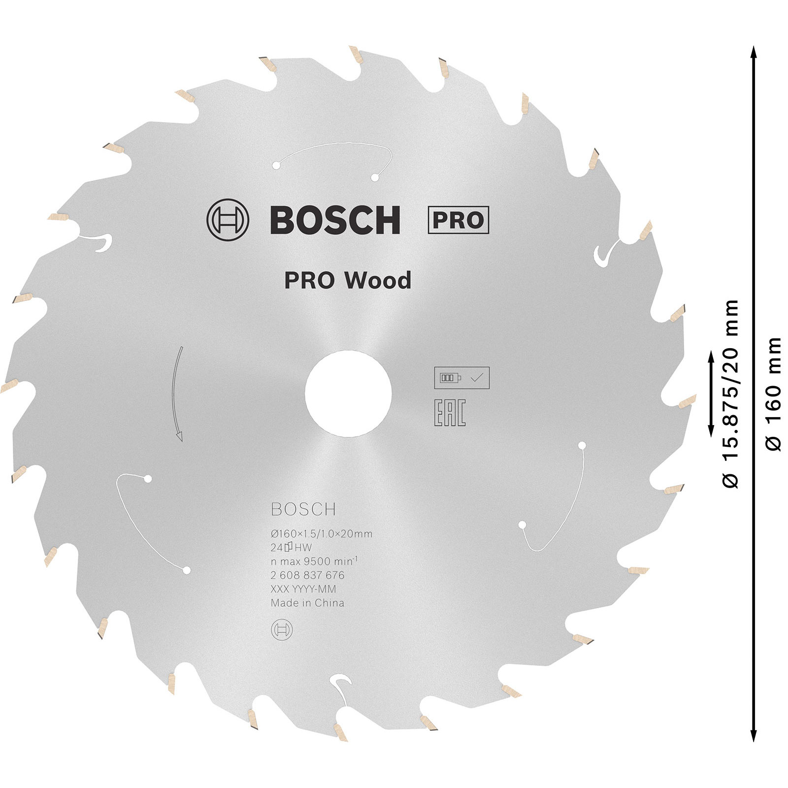 Silbernes Bosch Pro Wood Sägeblatt. Es hat Zähne am Rand mit Text und Abmessungen. Die Klinge ist mit dem Bosch-Logo versehen.