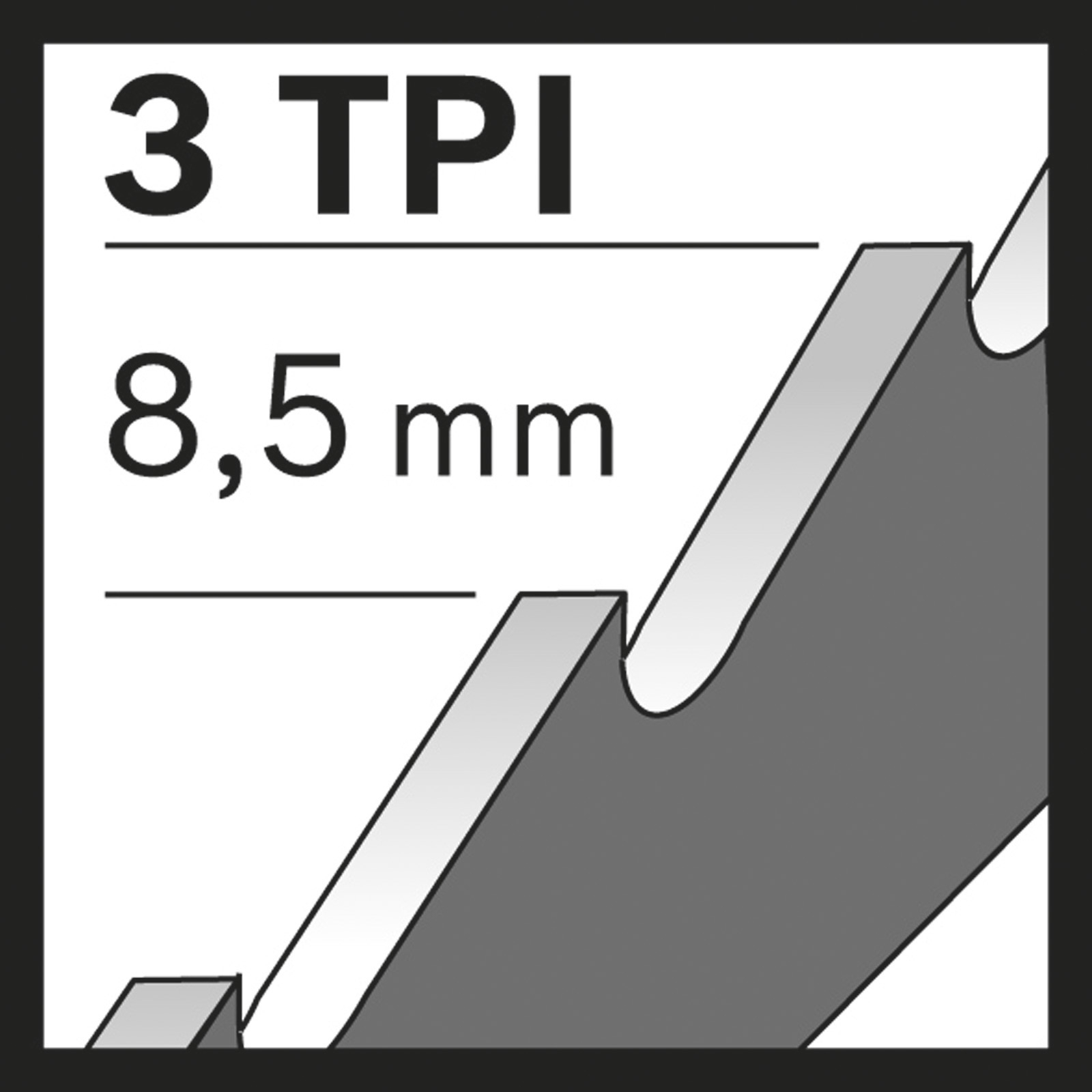 Das Bild zeigt ein Sägeblattdetail mit dem Text '3 TPI' und '8,5 mm'. Das Blatt hat Zähne und einen grauen Farbverlauf.