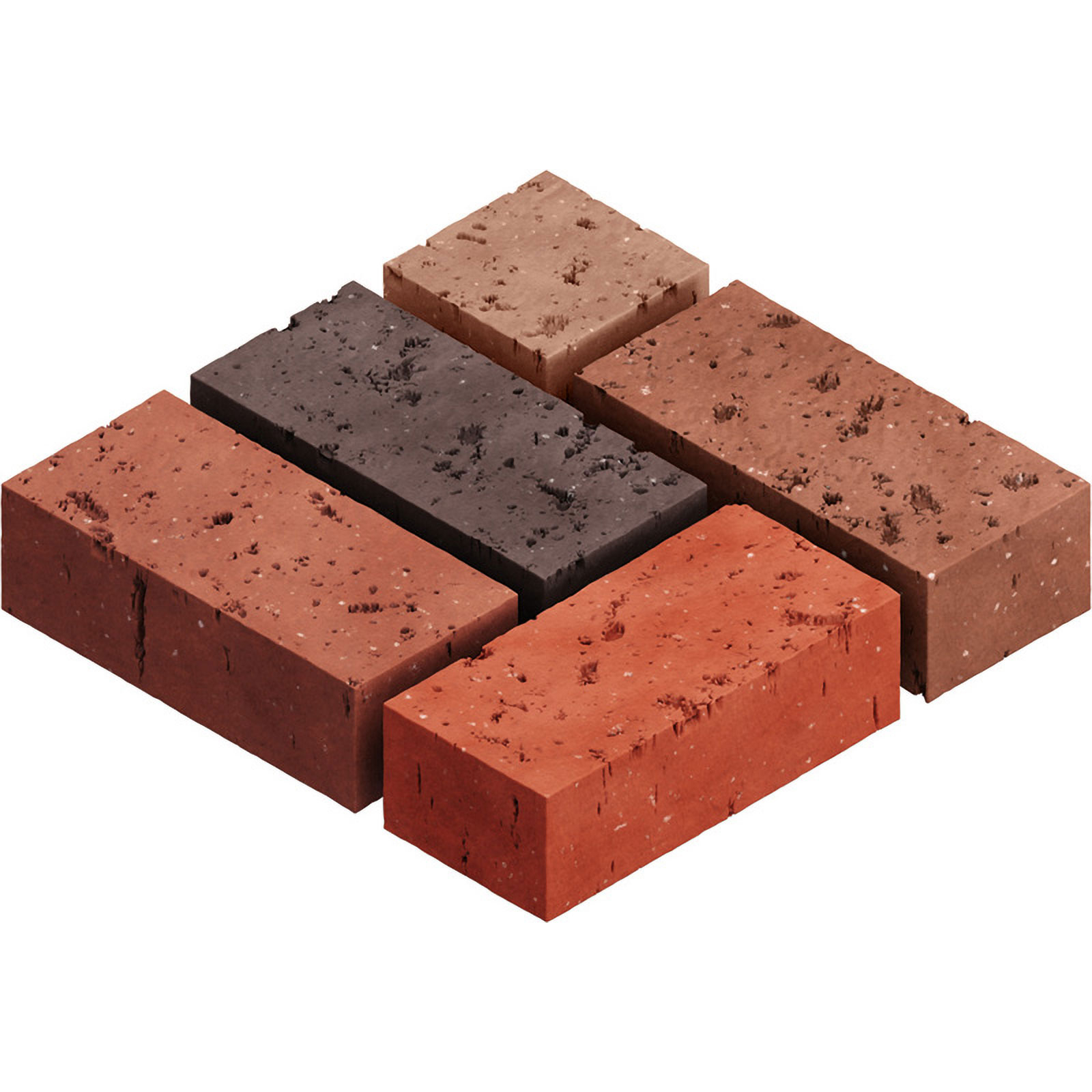 Sześć cegieł w różnych kolorach ułożonych w kształt rombu na białym tle. Kolory obejmują czerwony, brązowy i czarny.