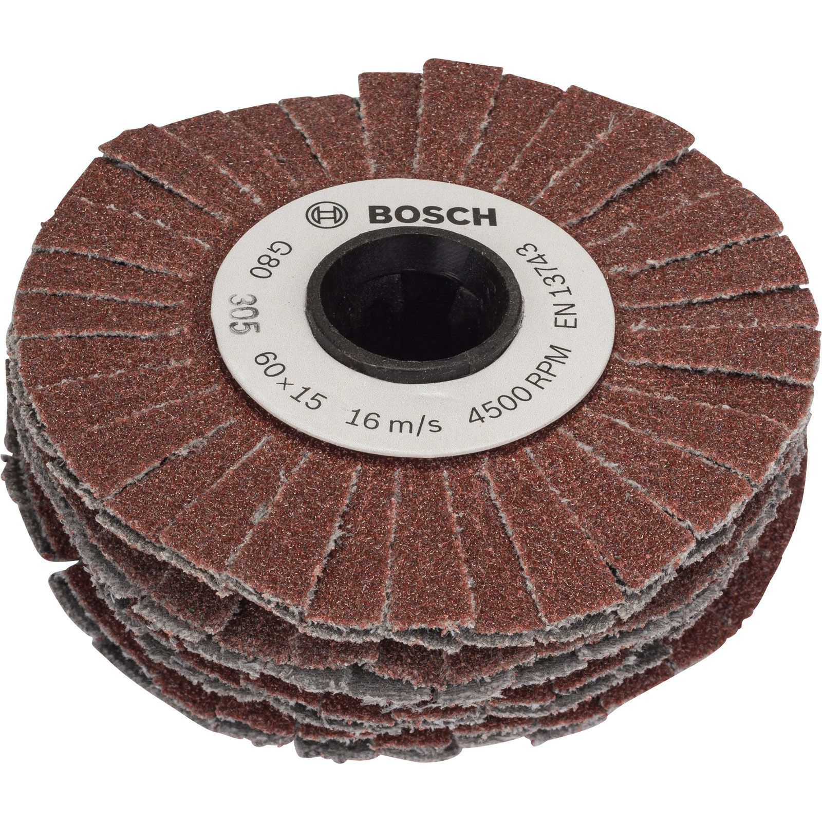 Eine neue Bosch-Fächerscheibe. Sie ist braun, mit Informationen auf einem weißen Ring in der Mitte. Es hat eine schwarze Mitte.