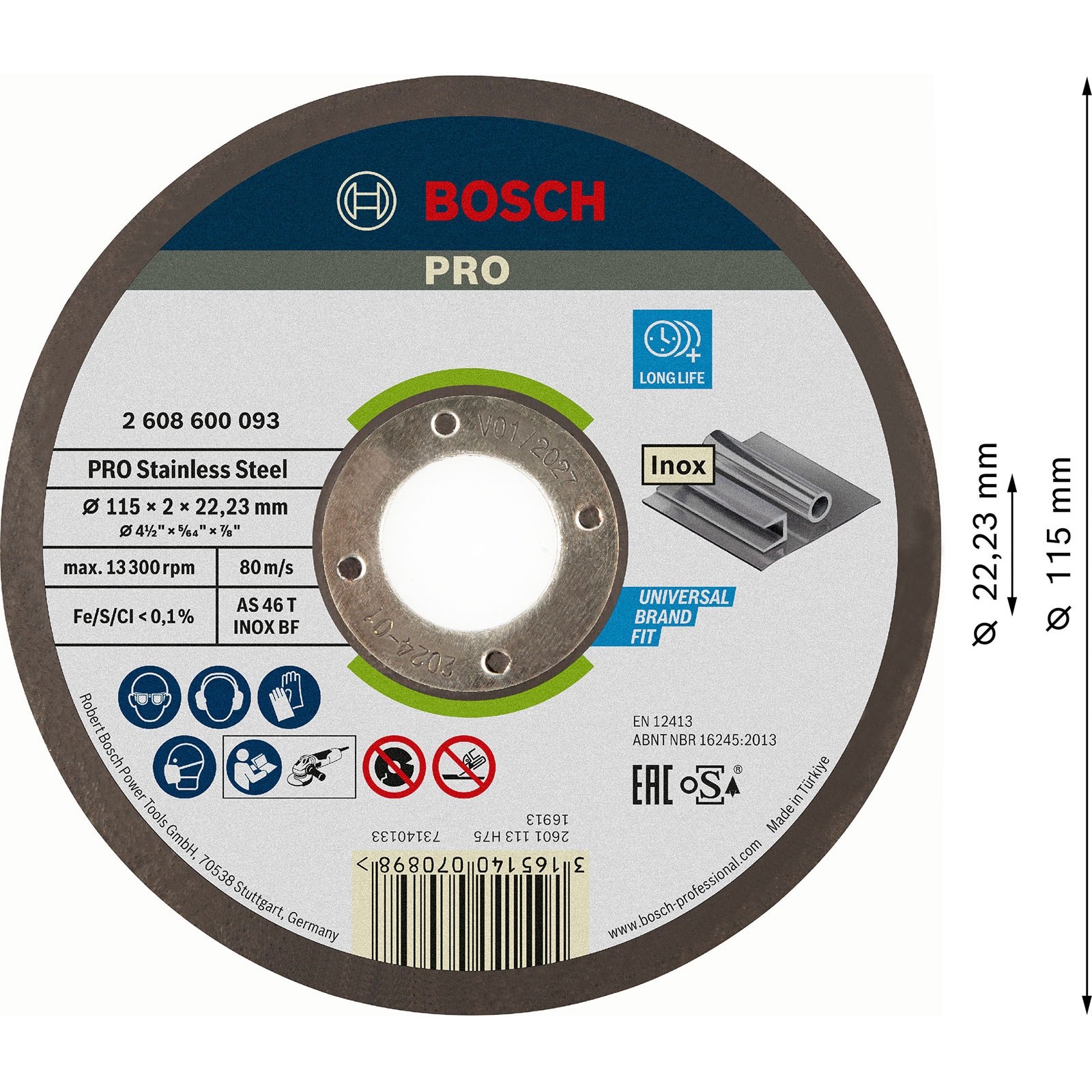 Dairesel bir Bosch Pro paslanmaz çelik kesme diski. Ürün detayları, boyutlar ve güvenlik simgeleri içerir.