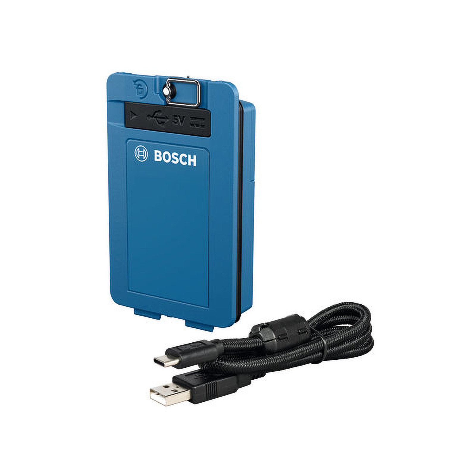 Blaue Bosch Powerbank mit schwarzem USB-Kabel. Die Powerbank hat eine 5V-Markierung und das Bosch-Logo.