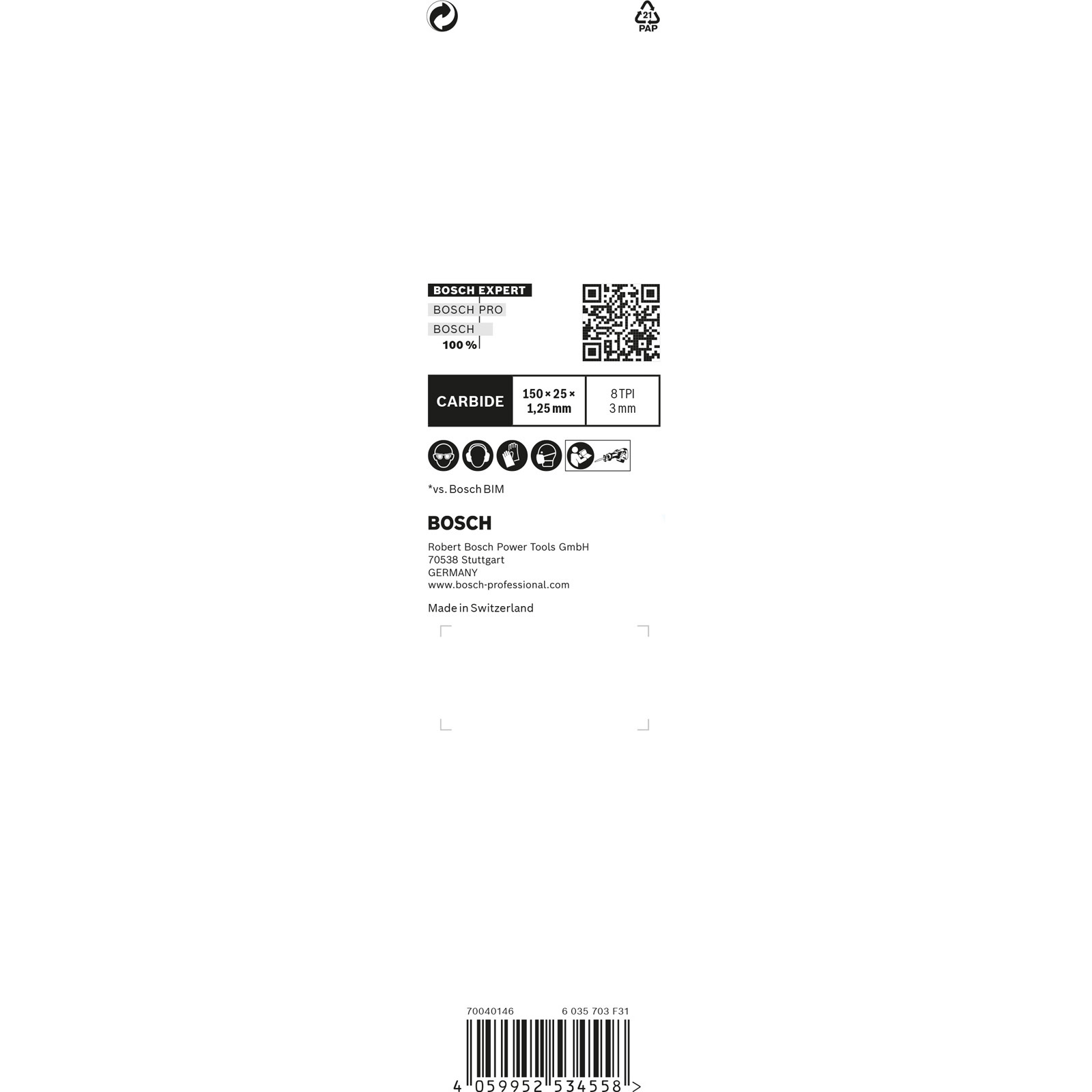 Białe tło z tekstem i logo produktów Bosch. Zawiera 'CARBIDE', wymiary, kod QR i ikony bezpieczeństwa.