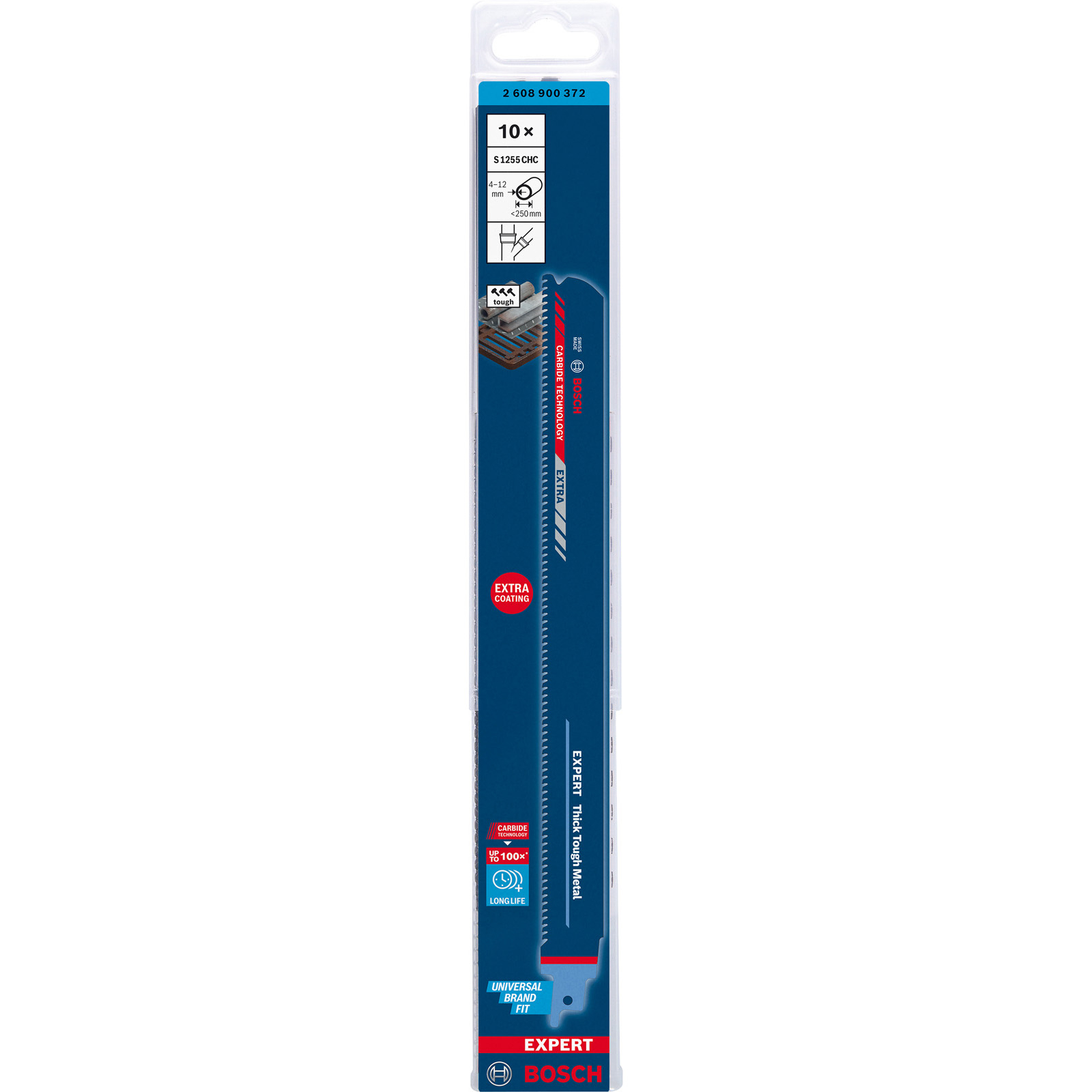 Eine Bosch Expert Sägeblattverpackung. Blaue und weiße Verpackung mit Produktdetails und Sägeblattbild.
