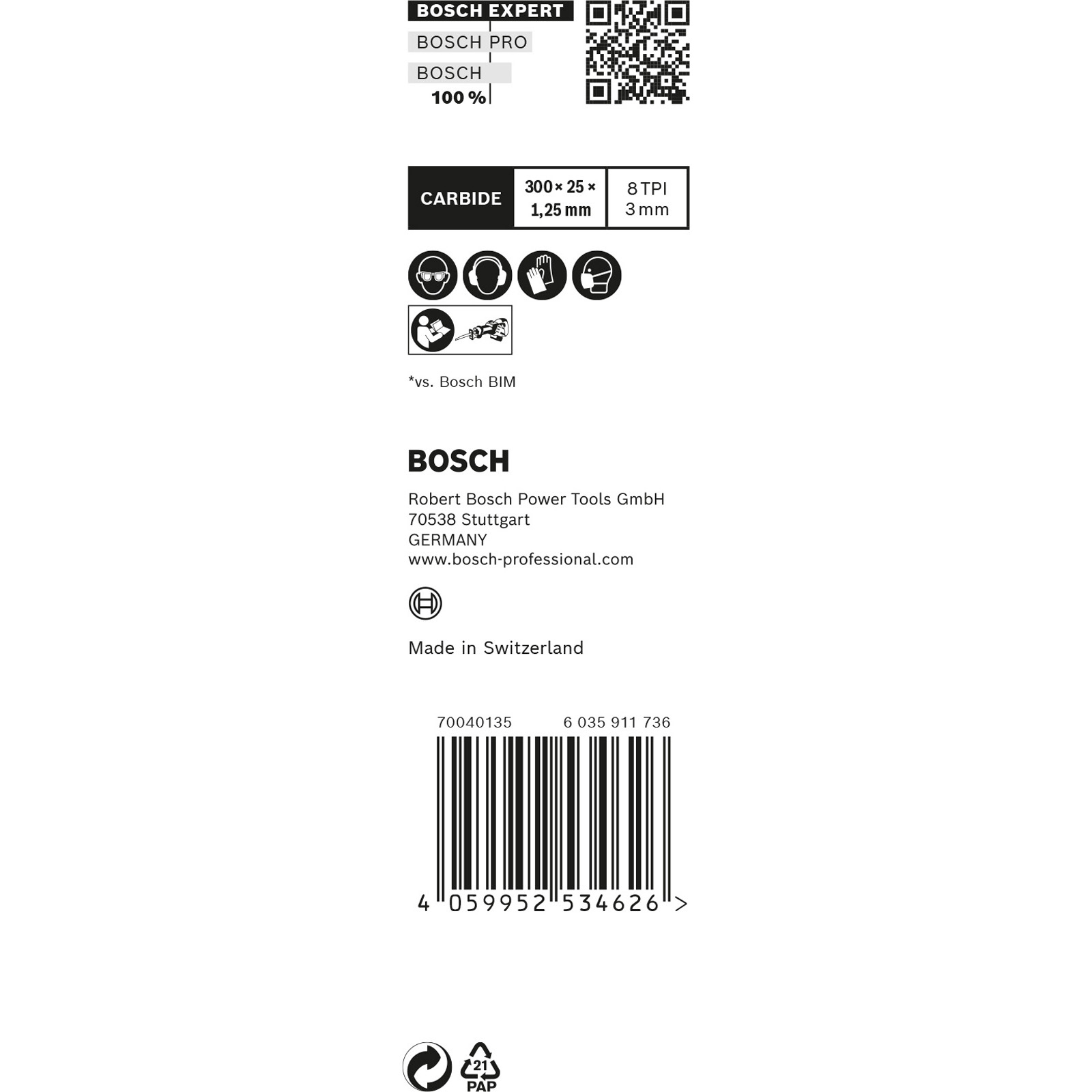 Ein Produktetikett mit Bosch-Marke. Es zeigt Text, einen Barcode und Sicherheitssymbole, was auf ein in der Schweiz hergestelltes Karbidprodukt hinweist.
