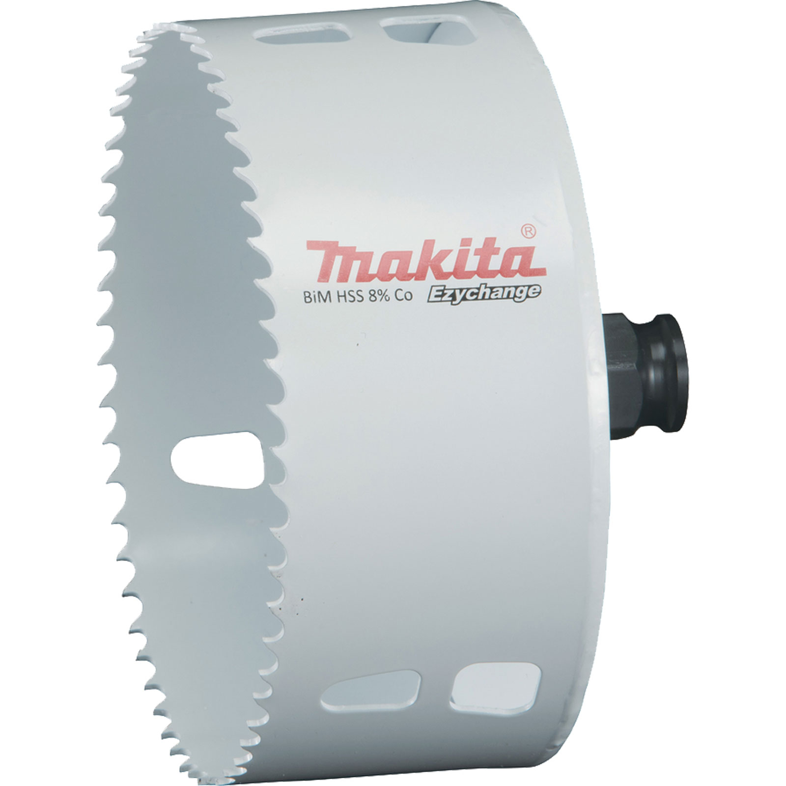 Una sega a tazza Makita bianca. Ha un bordo dentato e un attacco nero. Il logo Makita è rosso.