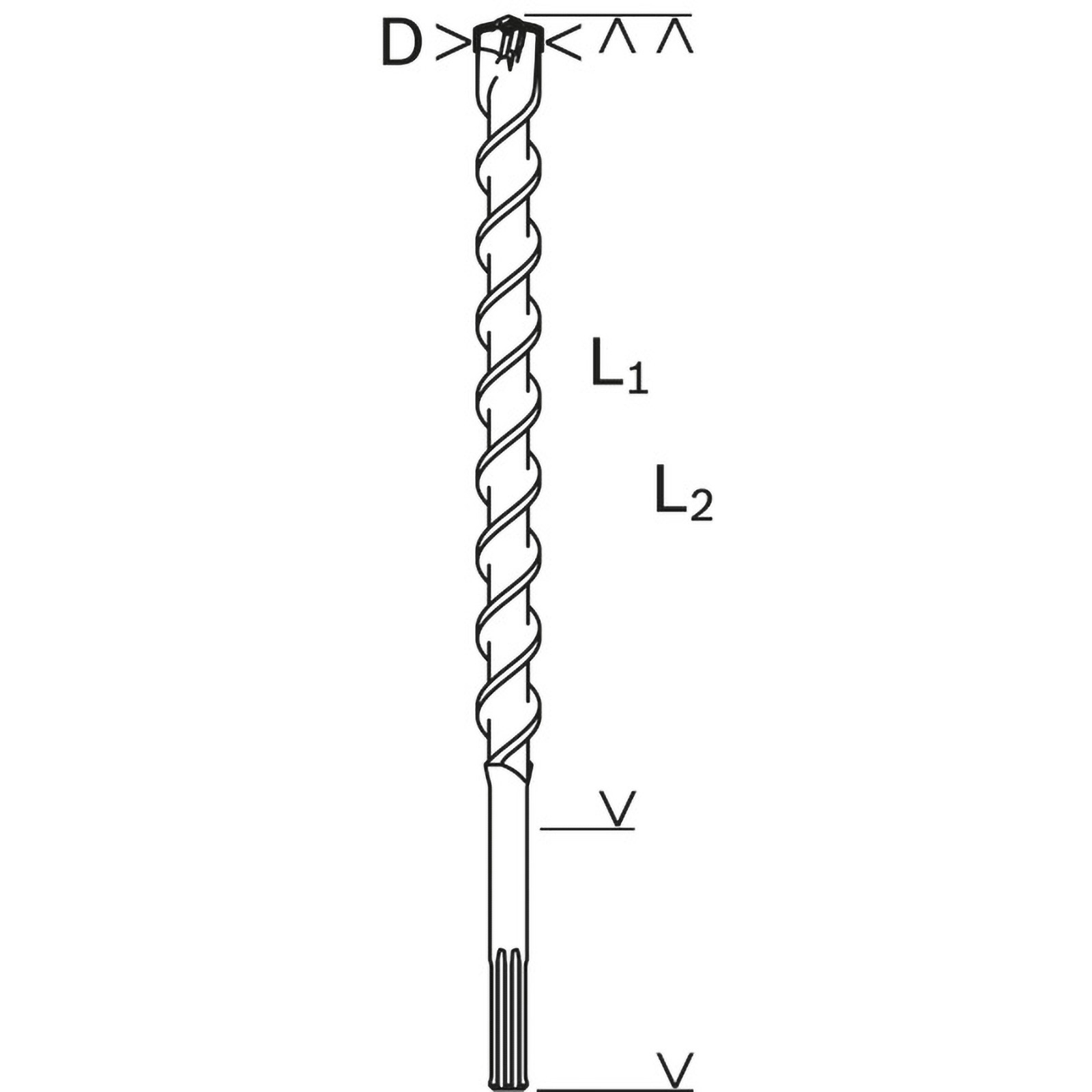 Eine Bohrer-Diagramm. Es hat einen spiralförmigen Bohrkopf, mit beschrifteten Abmessungen (D, L1, L2) und markierten Winkeln.