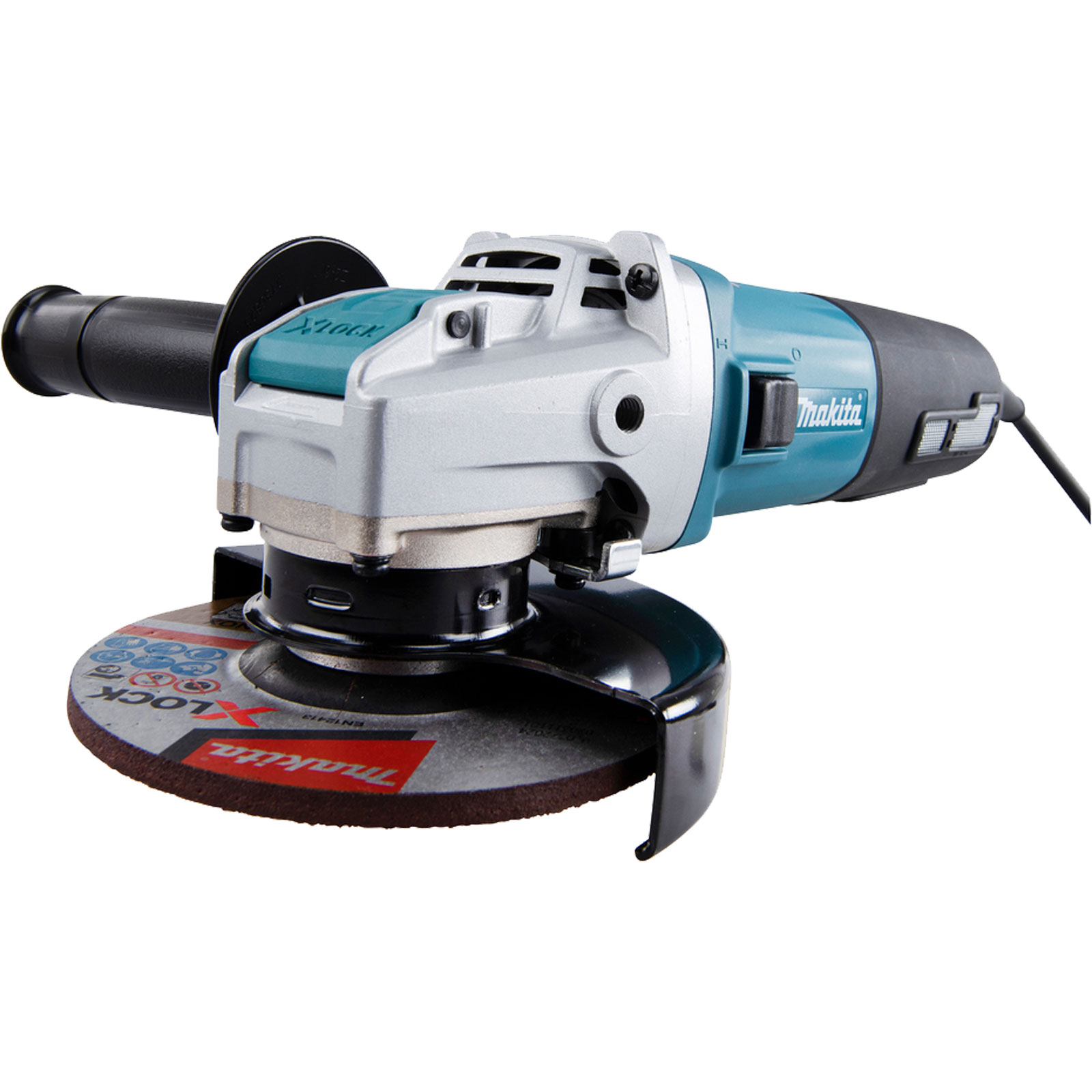 A Makita angle grinder with a black handle, silver body, and a brown grinding disc. The tool is on a white background.