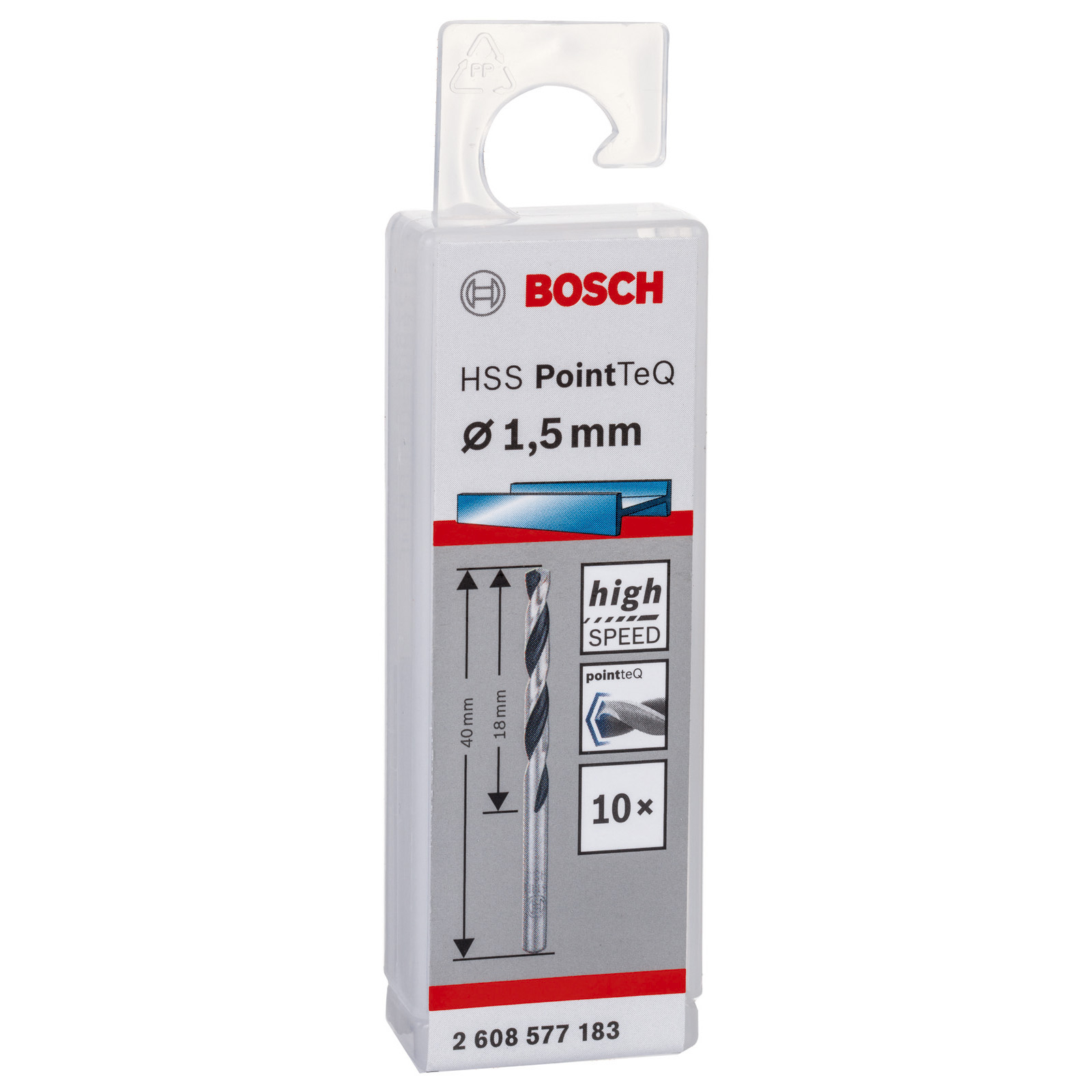 Przezroczyste plastikowe opakowanie zawierające wiertło Bosch. Opakowanie ma logo Bosch i szczegóły produktu, z wymiarami.
