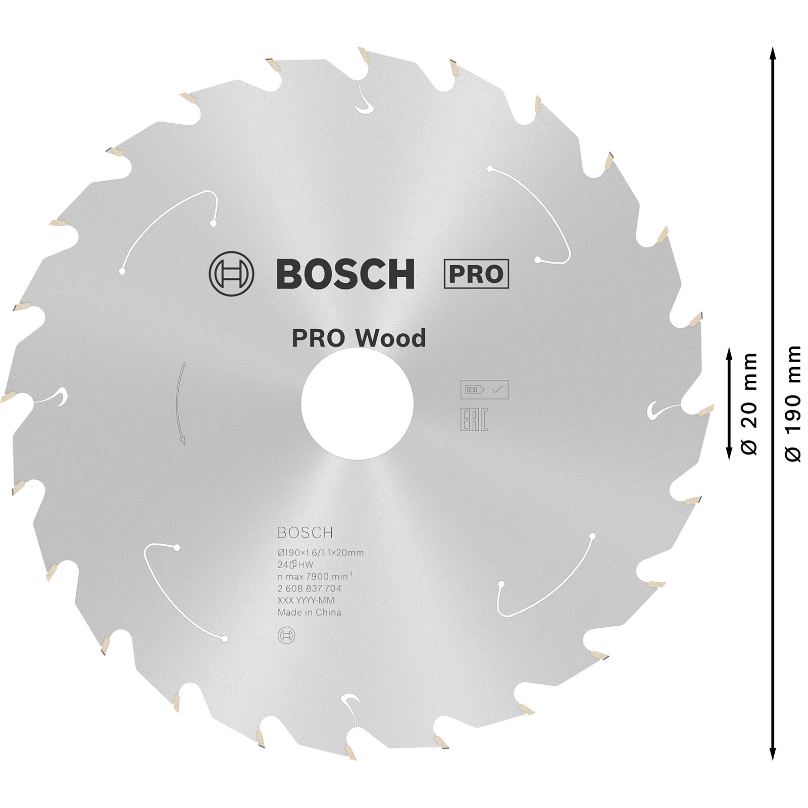 Ein kreisförmiges Sägeblatt von Bosch, silberfarben, mit PRO Wood gekennzeichnet, mit Abmessungen und Spezifikationen. Es hat scharfe Zähne.
