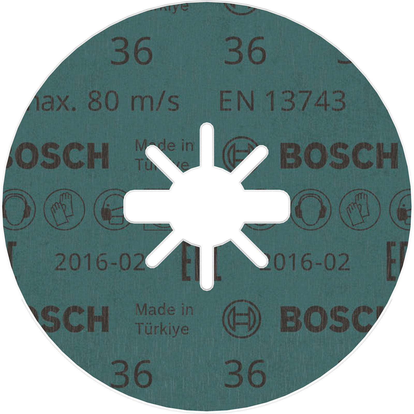 Ortasında beyaz yıldız şeklinde bir delik bulunan yuvarlak, mavimsi yeşil bir disk. Metin 'BOSCH', '36' ve güvenlik sembollerini içerir.