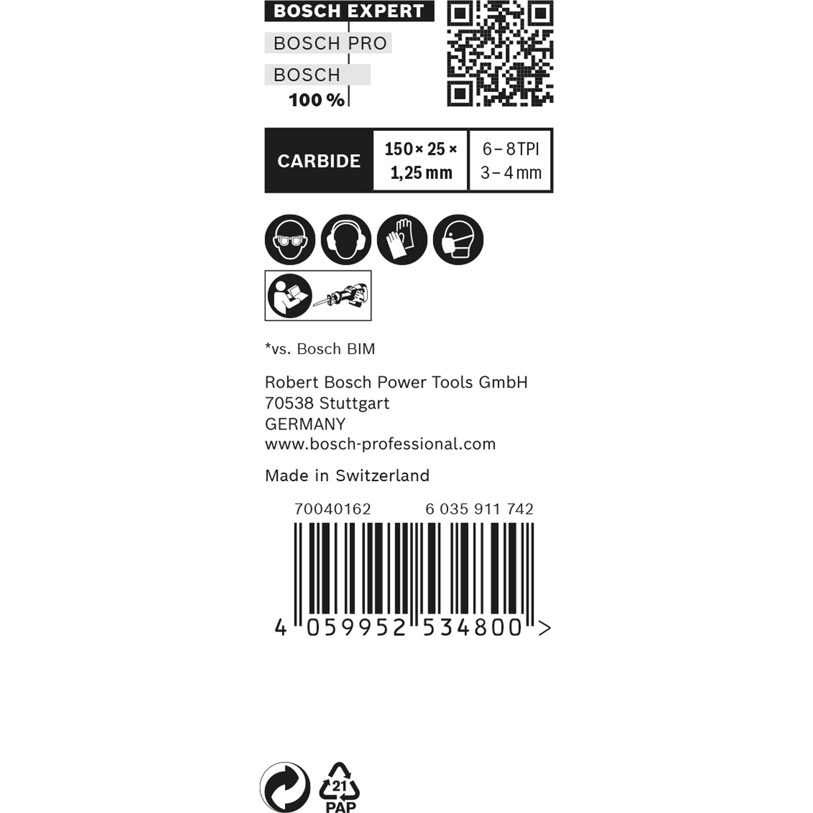 Etykieta produktu z logo Bosch, informacjami o węglikach, ikonami bezpieczeństwa i kodem kreskowym. Wyprodukowano w Szwajcarii. Wymienione są różne wymiary.