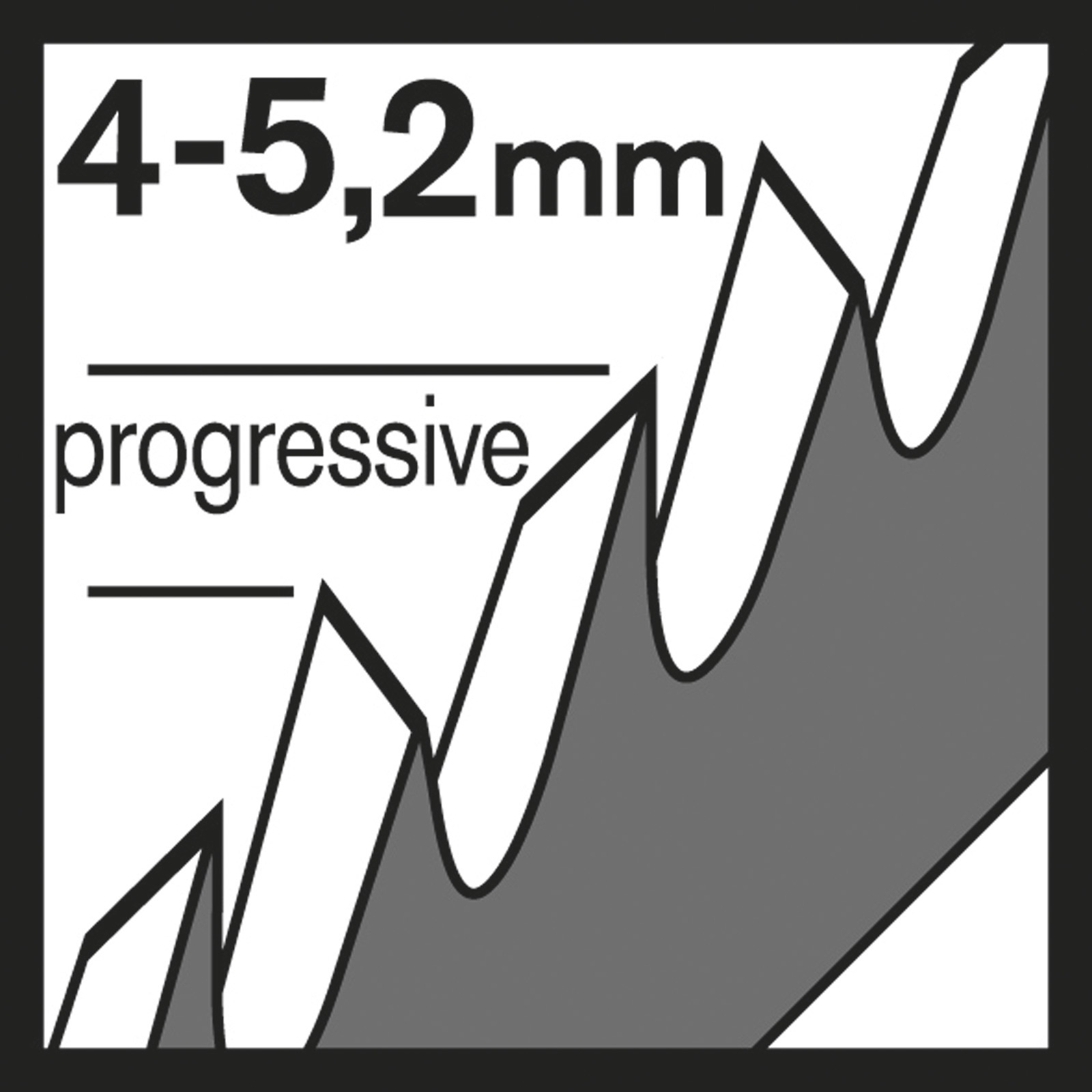 Obraz z tekstem '4-5,2mm' i 'progressive'. Poniżej stylizowany wzór brzeszczotu w skali szarości.