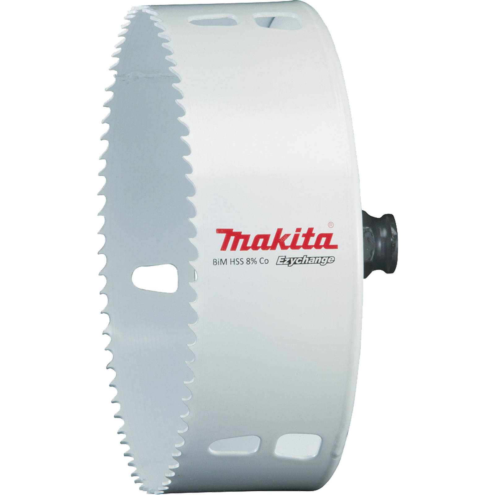 Una sega a tazza Makita bianca con denti affilati sul bordo. Ha un attacco nero e il logo rosso Makita.