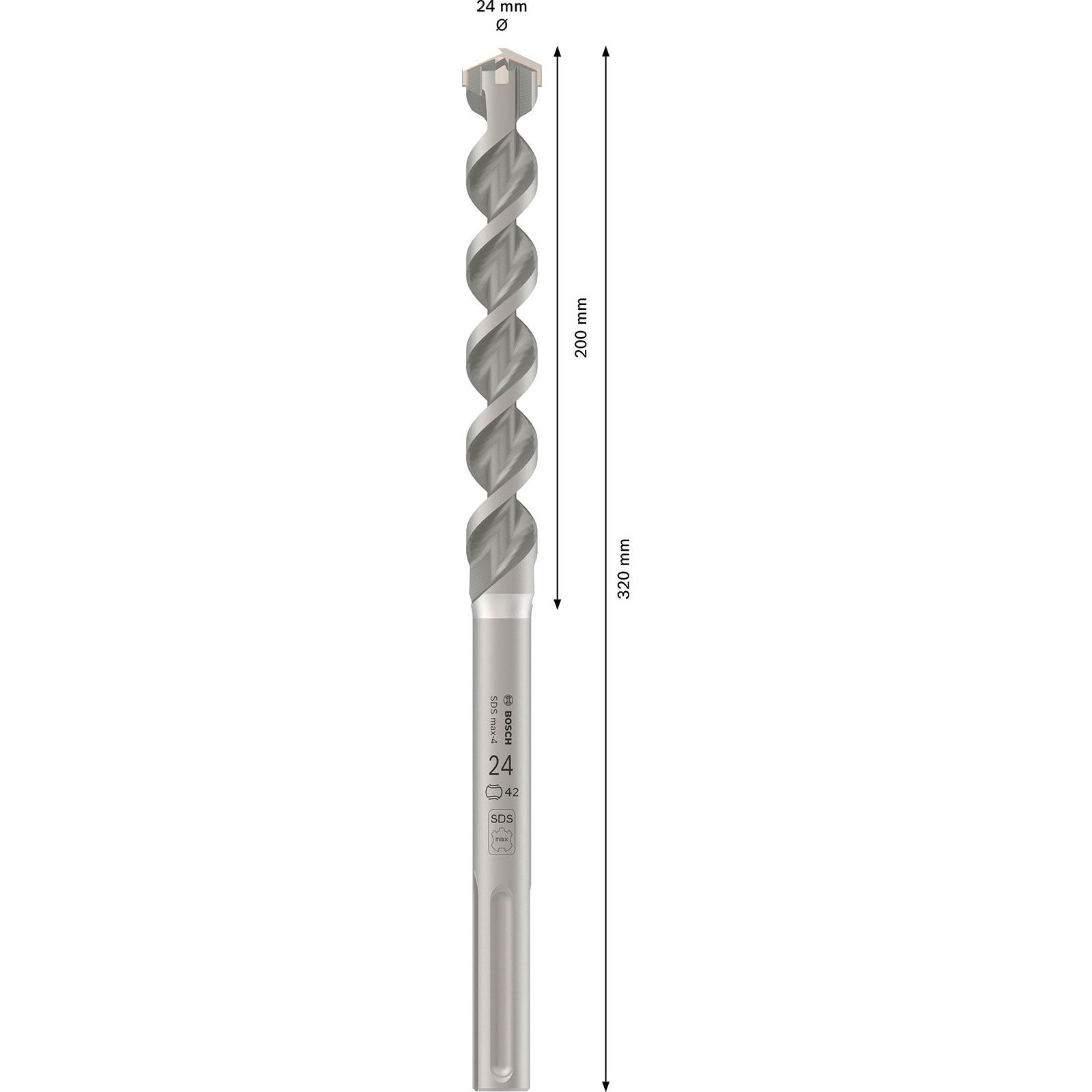 Una punta da trapano Bosch SDS max-4 argentata. È lunga 320 mm, con un diametro di 24 mm. La punta ha scanalature a spirale.