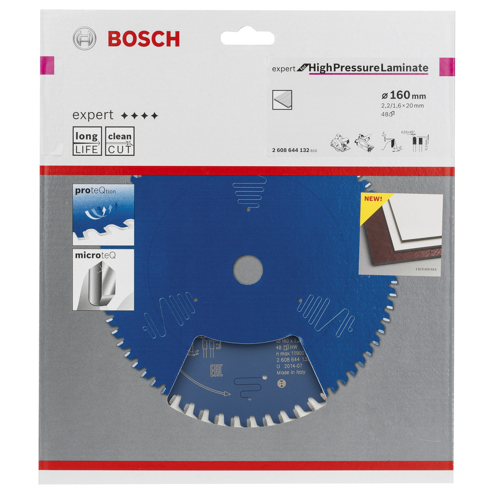 Bosch-Kreissägeblatt-Verpackung. Blaues Sägeblatt in der Mitte, Produktdetails und Markenname sind sichtbar.