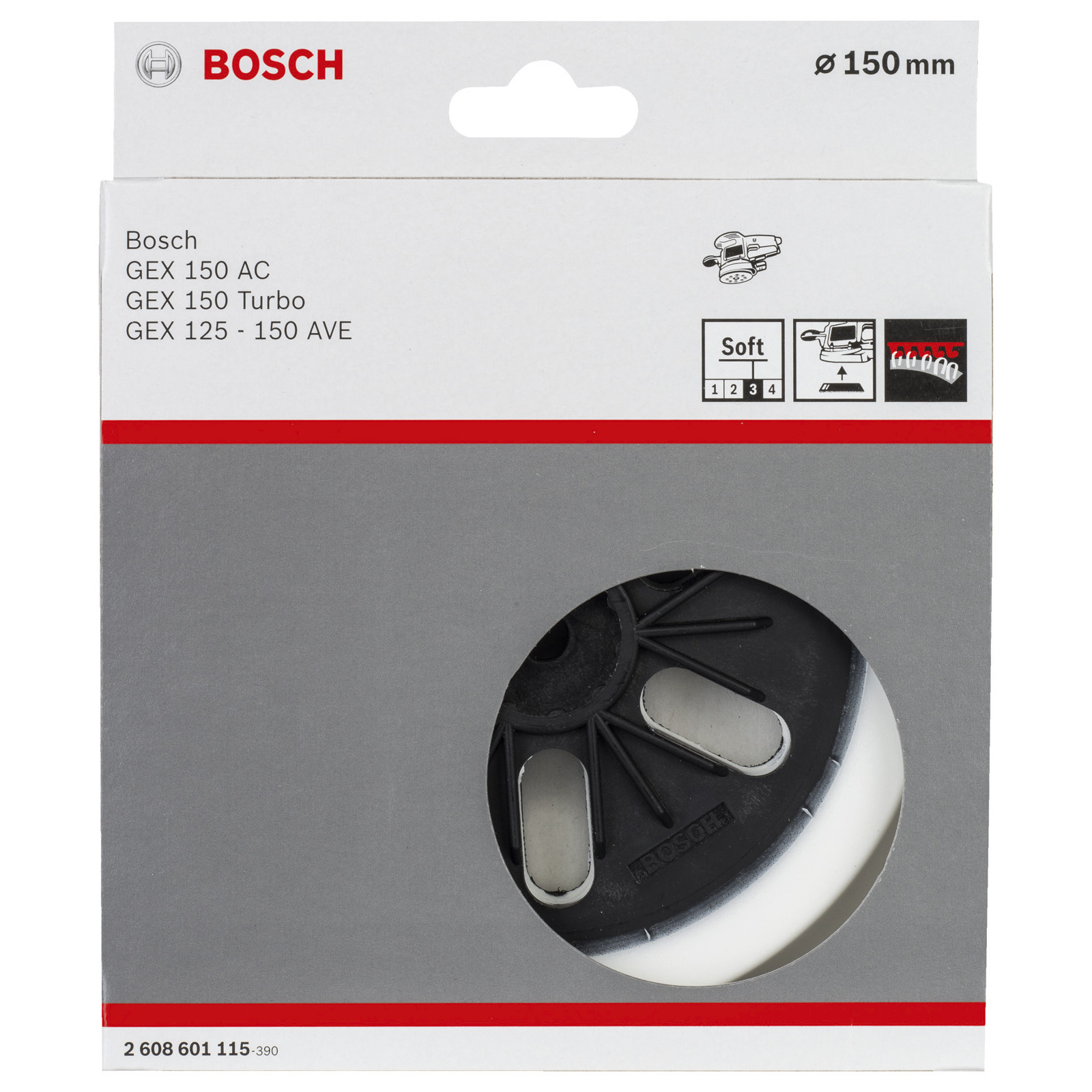 Caja del producto Bosch. Presenta el logotipo de Bosch, detalles del producto y una vista circular del producto en el interior. Fondo gris.