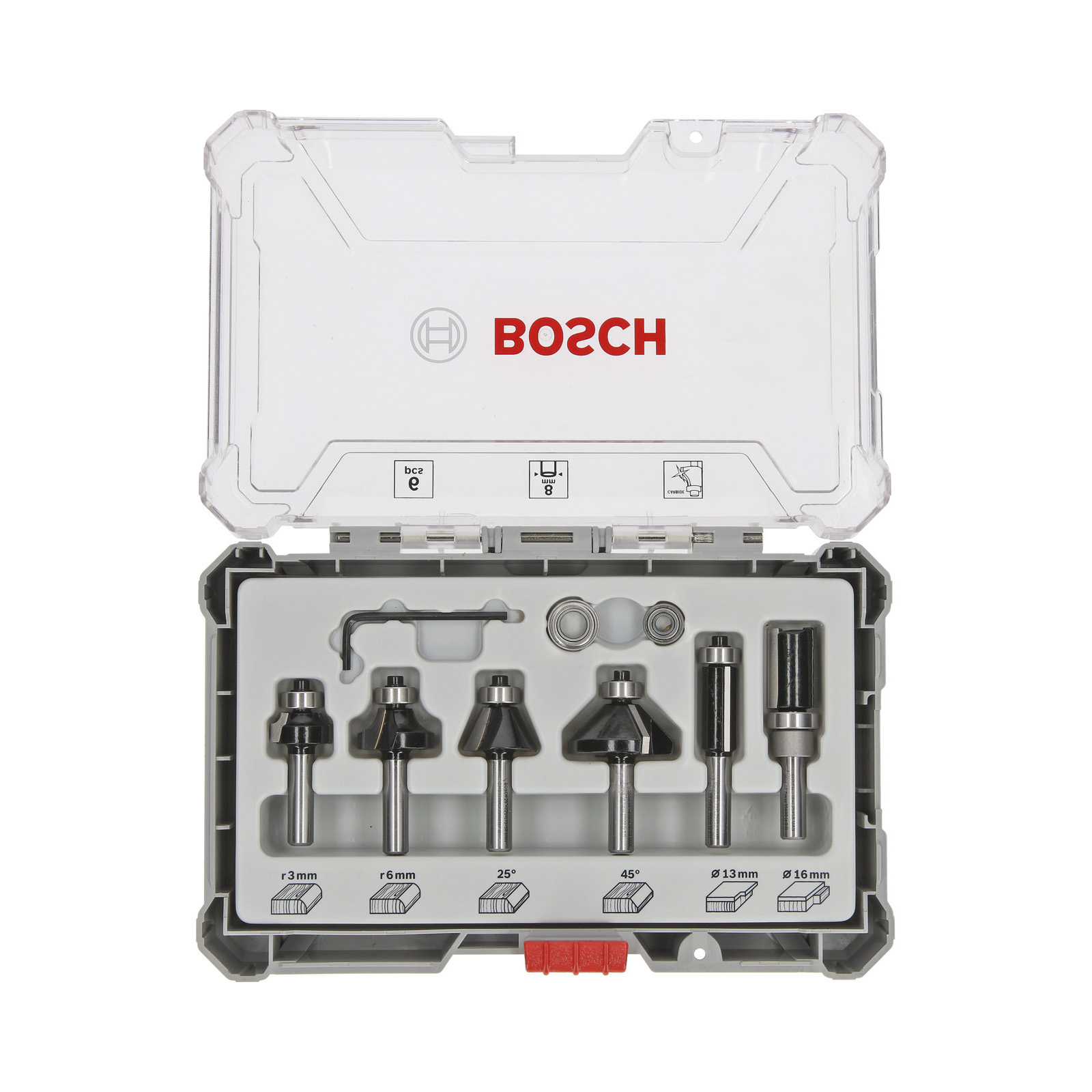 Ein klarer Kunststoffkoffer enthält Fräser in verschiedenen Formen und Größen. Das Bosch-Logo ist sichtbar.