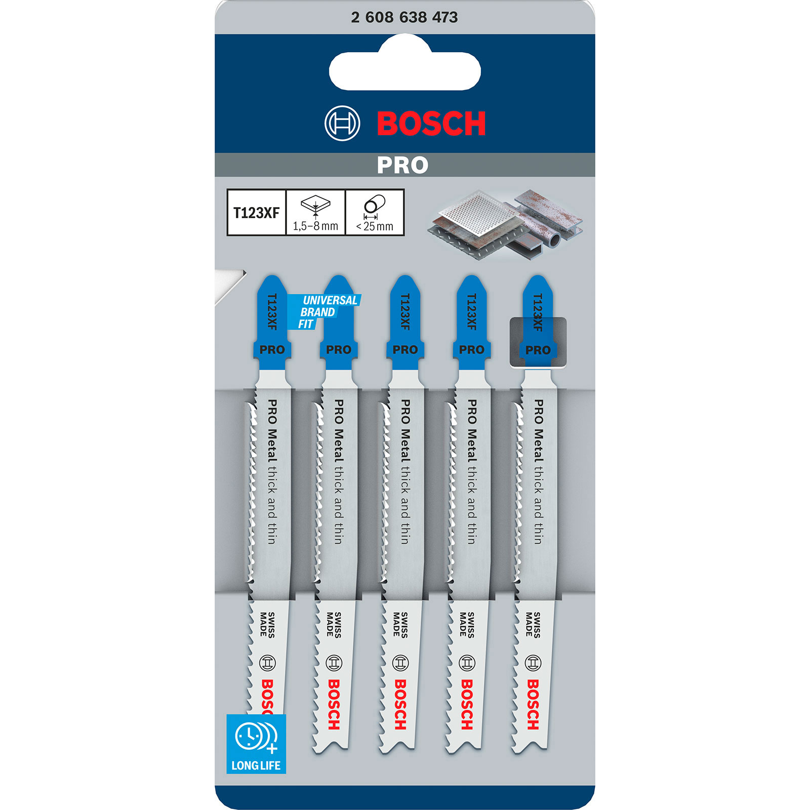 Bosch Pro Stichsägeblätter. Packung mit 5 Blättern mit blauen Spitzen. Metall-dick- und dünnblätter. Swiss Made.