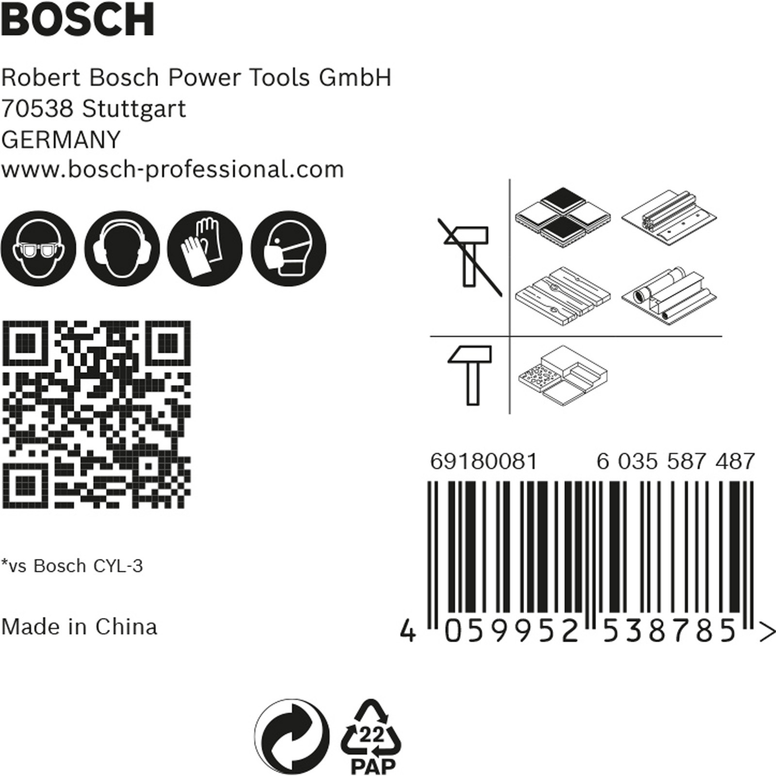 Ein Bosch-Produktetikett mit Text und Symbolen. Es enthält Sicherheitssymbole, einen QR-Code und einen Barcode.