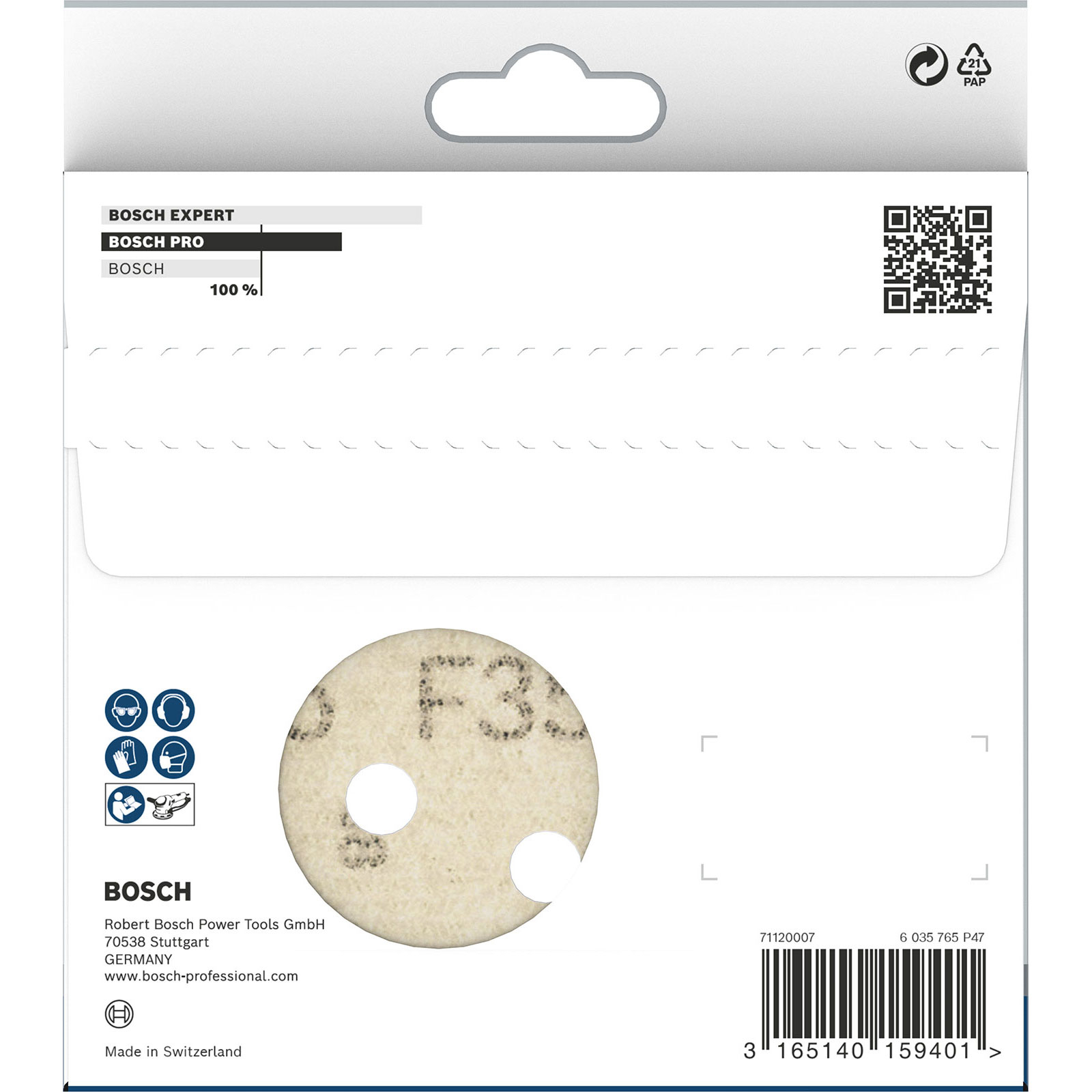 Eine weiße Bosch-Verpackung mit einer Schleifscheibe. Das Bosch-Logo und Produktinformationen sind sichtbar, mit Sicherheitssymbolen.