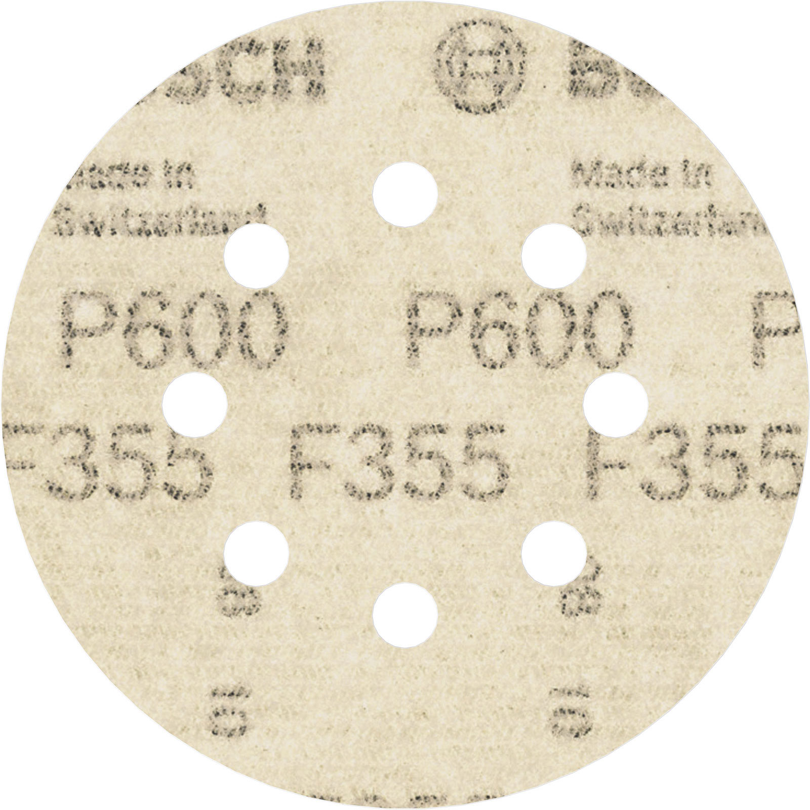 Rundes Schleifpapier mit Löchern. Text enthält P600, F355 und 'Made in Switzerland'. Beige Farbe mit weißem Hintergrund.