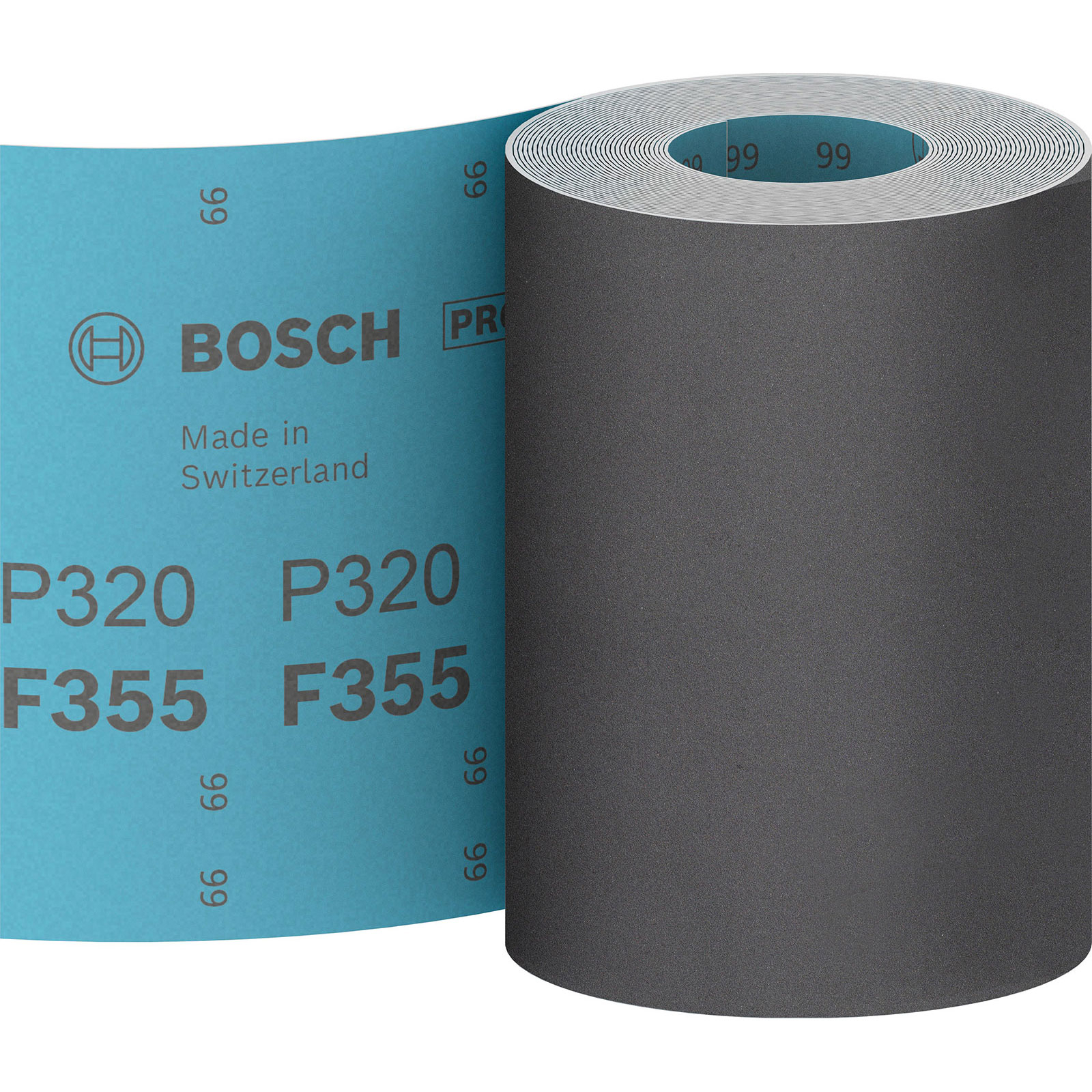 Eine Rolle Schleifpapier mit einer blauen Seite, die das Bosch-Logo und Produktinformationen zeigt. Das Schleifpapier ist dunkelgrau.