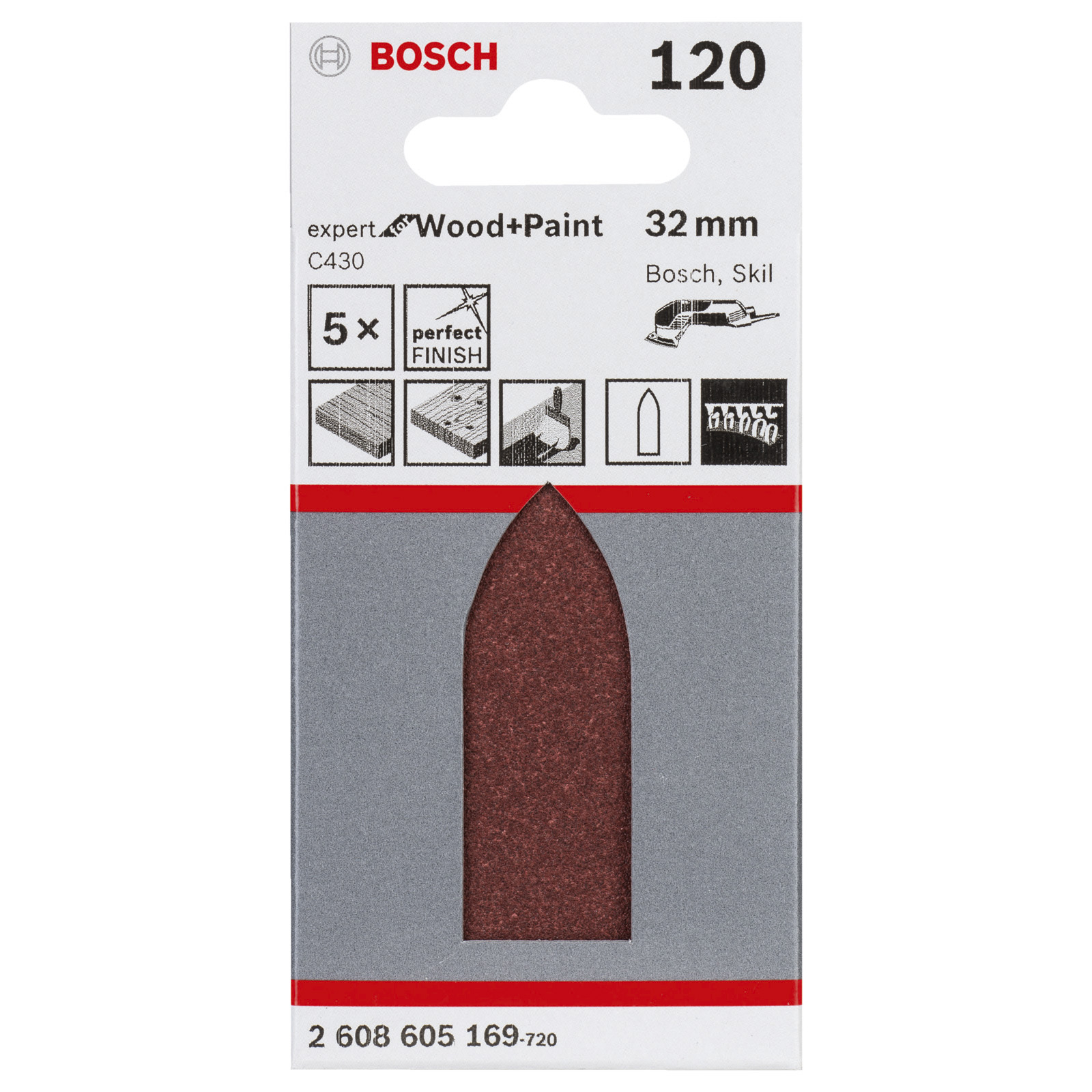Bosch Schleifaufsatz. Verpackung mit Produktdetails, Logo und rotbrauner Schleiffläche durch Ausschnitt sichtbar.