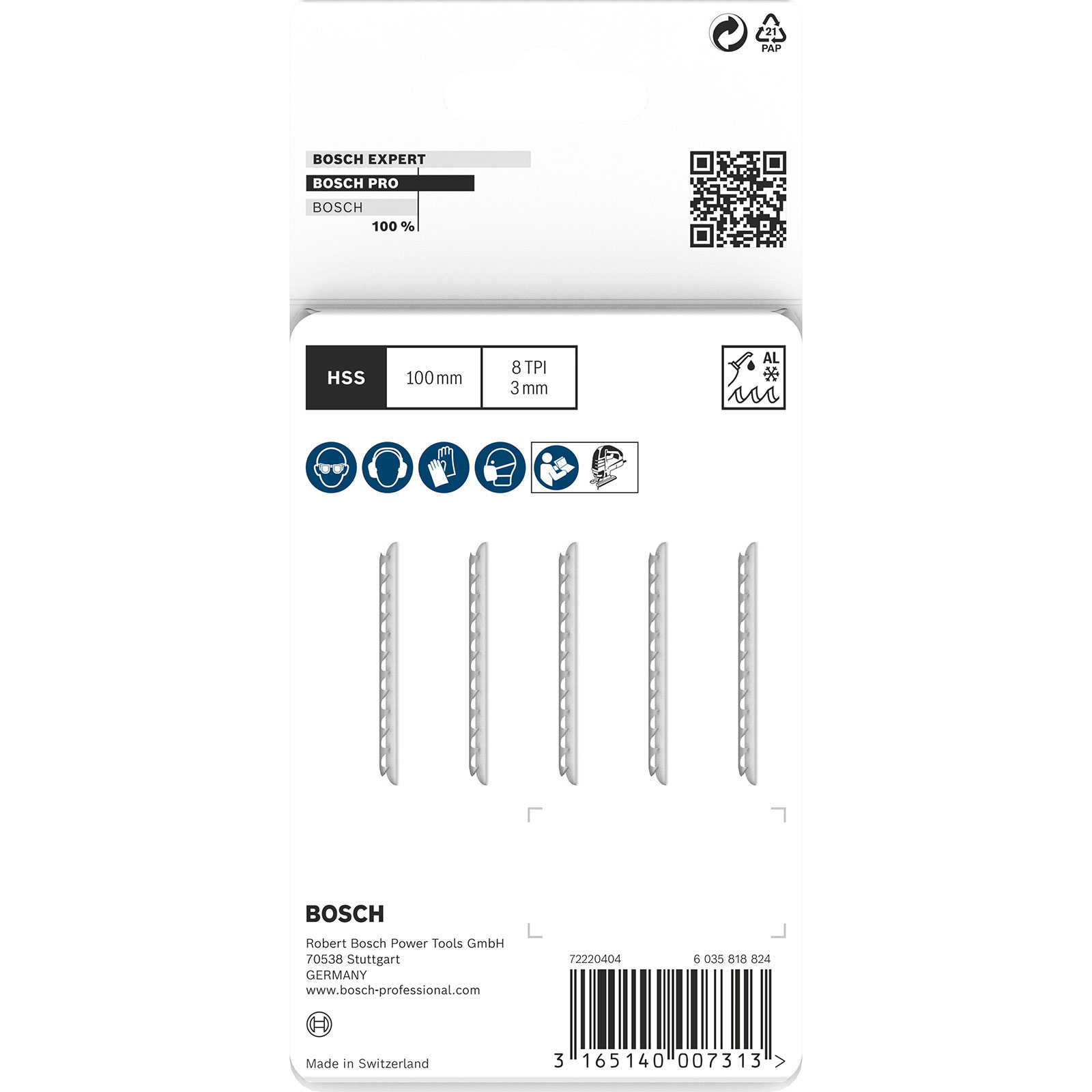 Paquete de hojas de sierra Bosch Pro. Contiene múltiples hojas y iconos de seguridad. Predominan los colores blanco y gris.