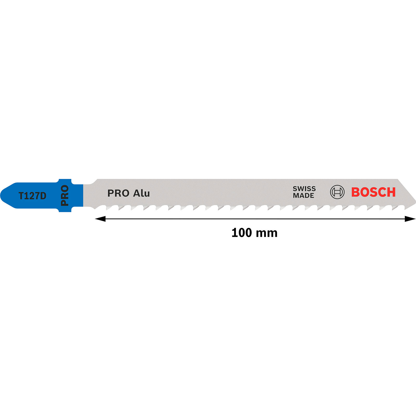 Una hoja de sierra plateada con dientes, etiquetada 'PRO Alu', 'T127D' y 'BOSCH'. Una flecha negra indica una longitud de 100 mm.
