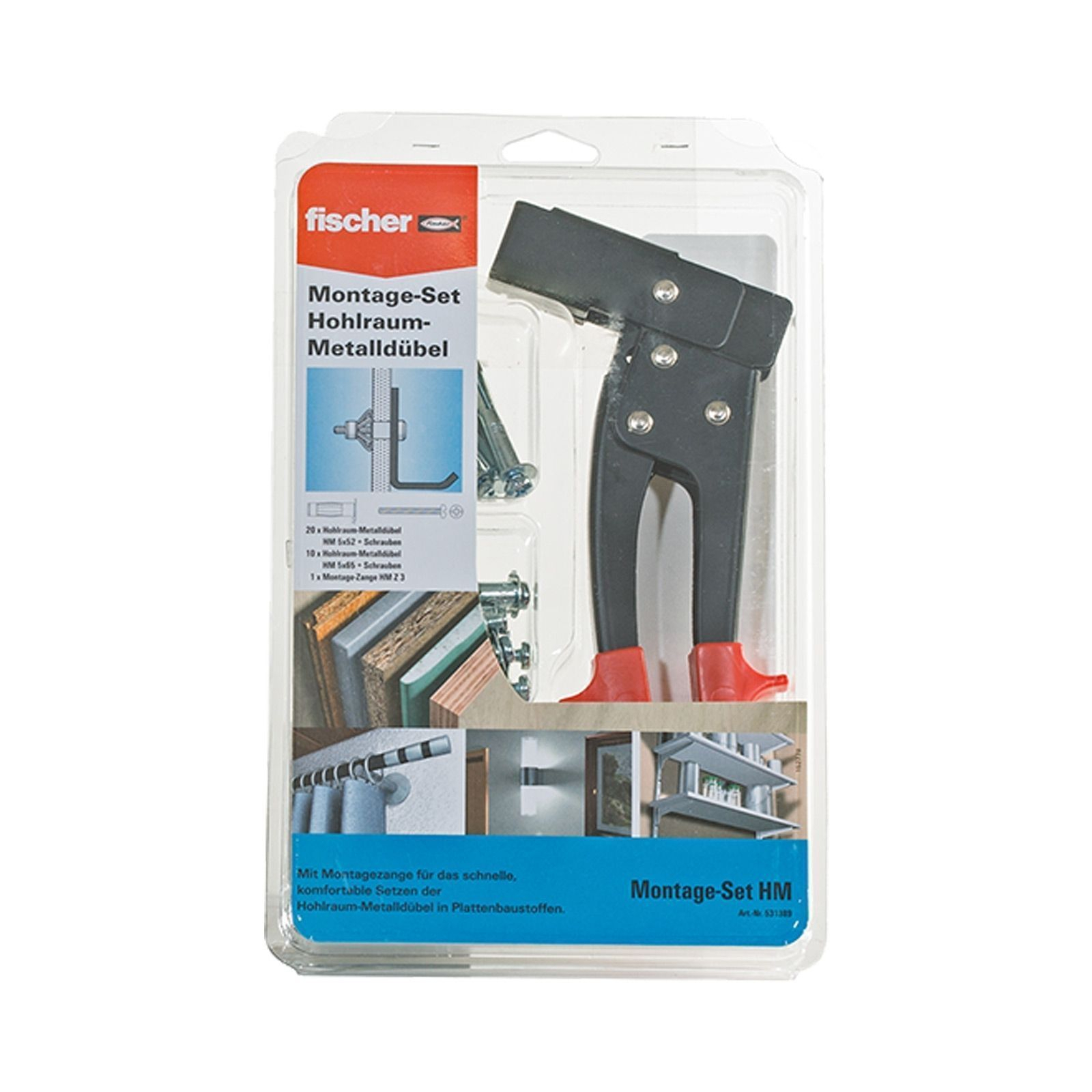 Eine fischer Montage-Set-Verpackung. Sie enthält ein Metallhohlwandankerwerkzeug mit Schrauben und Ankern. Die Verpackung ist aus klarem Kunststoff.