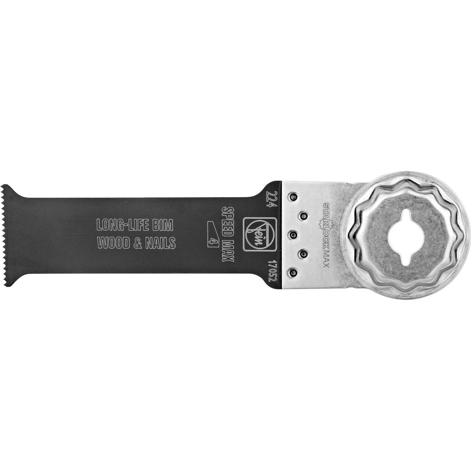Eine schwarz-silberne Multitool-Klinge. Die Klinge hat Text: LONG-LIFE BIM WOOD & NAILS und SPEED MAX. Es steht Vein und STARLOCKMAX.