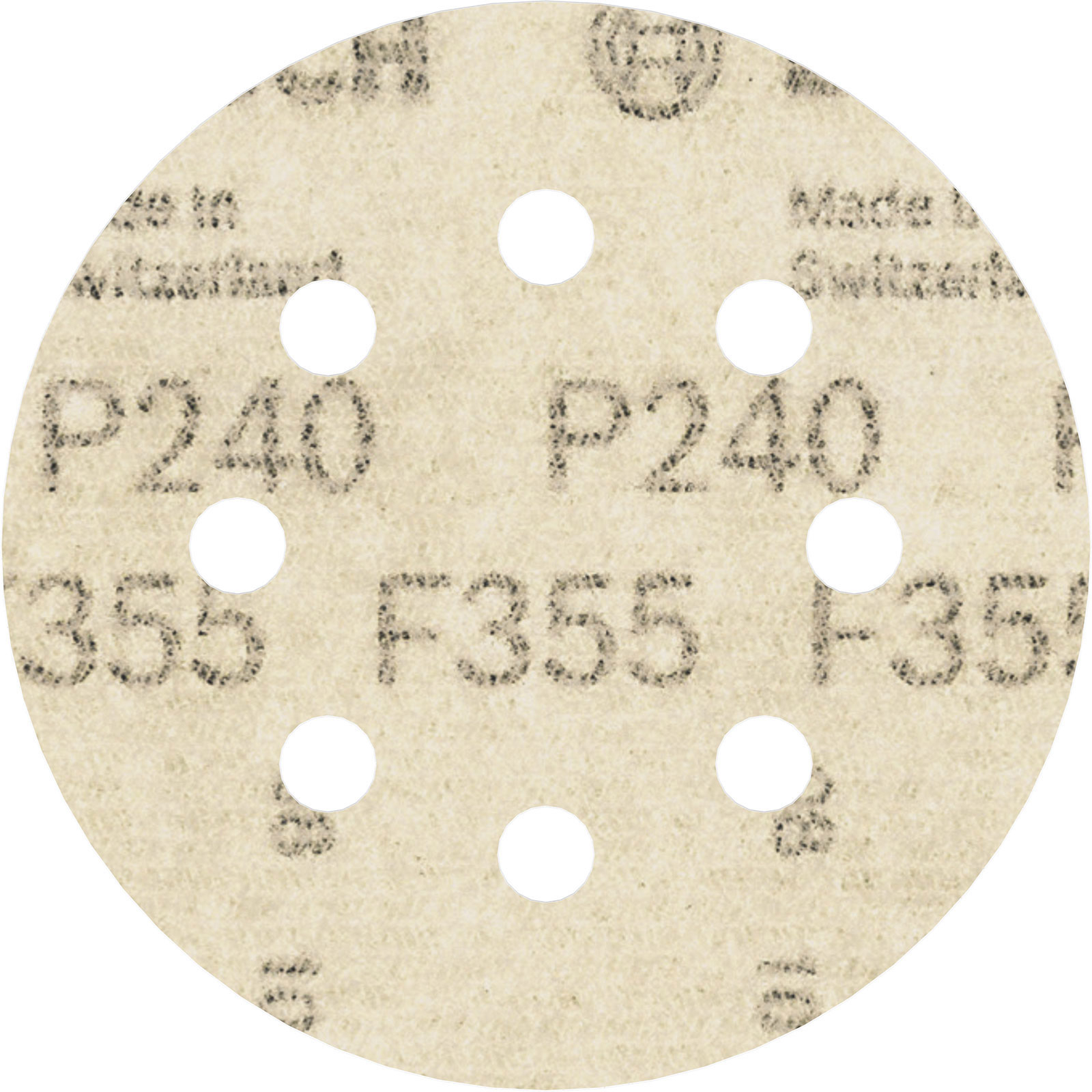 Eine runde Schleifscheibe mit mehreren Löchern. Es hat den Text 'P240' und 'F355'. Beige und weiße Farbe.