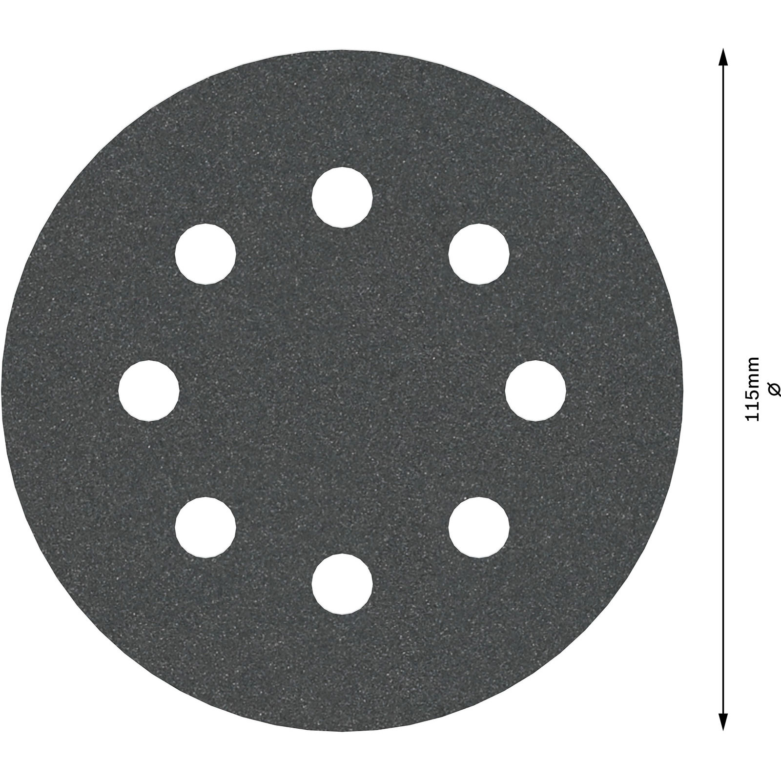 Dunkelgraue Schleifscheibe mit sieben weißen Löchern in einem Kreis. Ein schwarzer Pfeil zeigt 115mm Durchmesser.