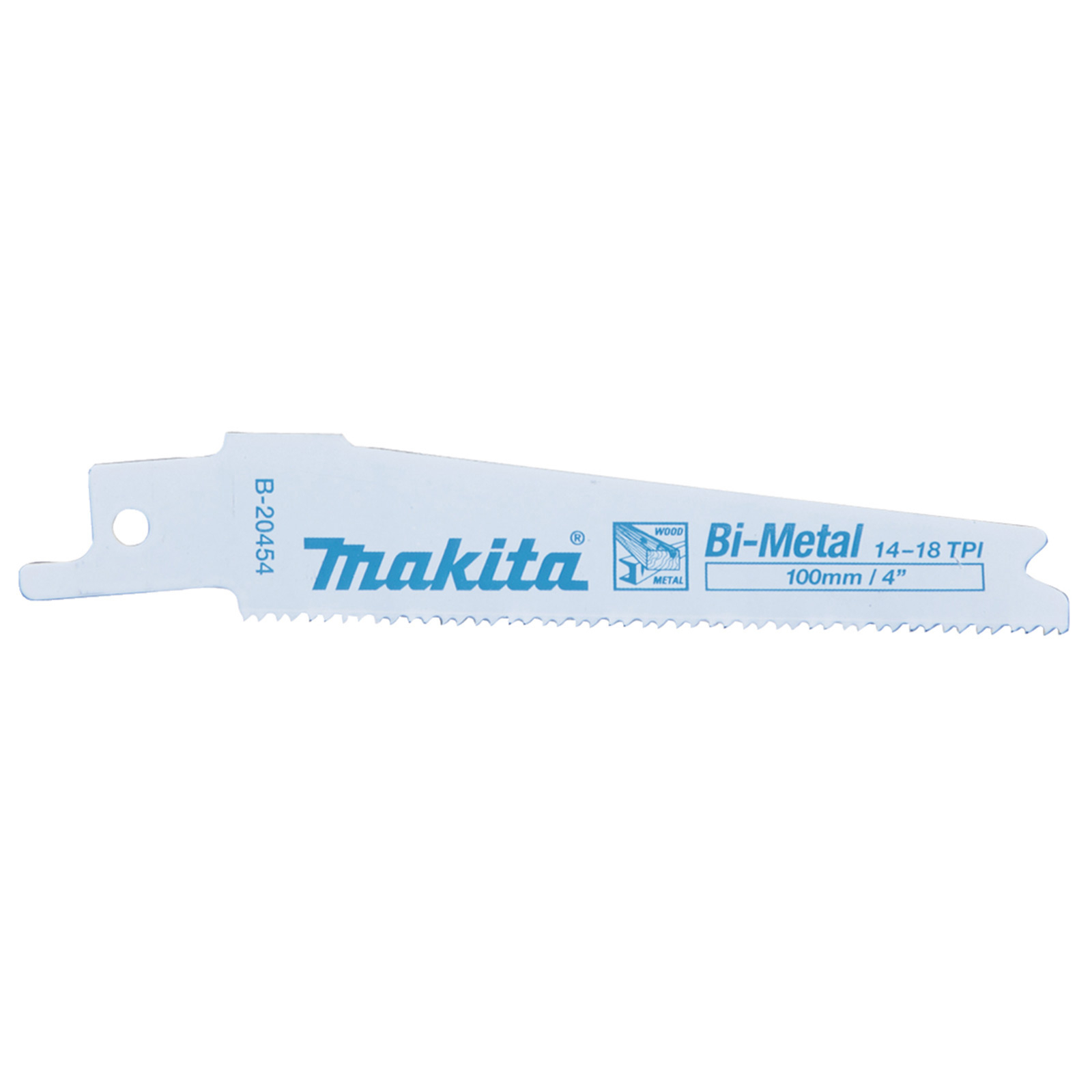 Ein Makita Bi-Metal Sägeblatt ist weiß. Es hat das Makita Logo und Spezifikationen darauf gedruckt.