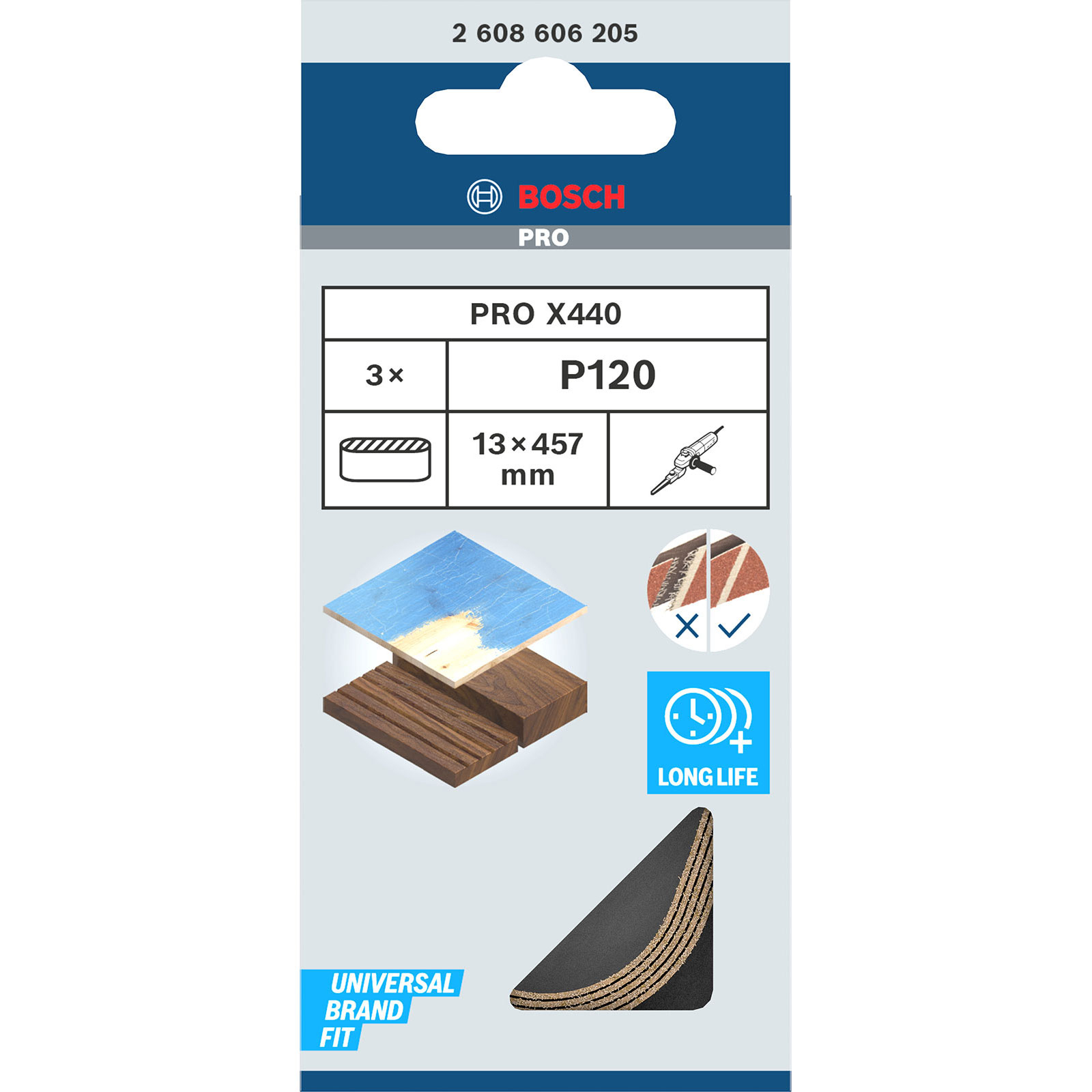 Bosch Pro X440 Schleifpapierprodukt. Enthält Diagramme von Holz und Ziegeln mit einem Schleifwerkzeugsymbol. Merkmale universelle Markenanpassung.