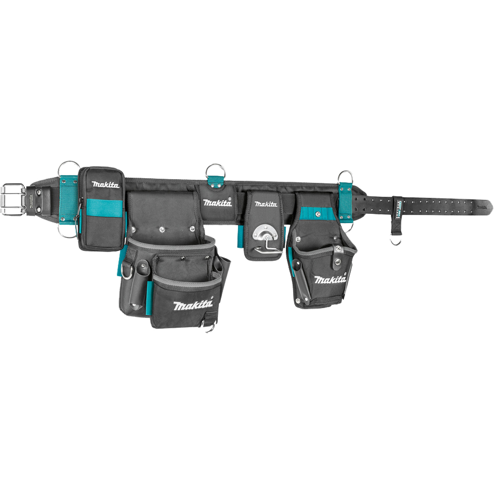 Ein Makita-Werkzeuggürtel mit mehreren Taschen und Beuteln. Es hat schwarze und türkisfarbene Akzente und ist für Werkzeuge ausgelegt.
