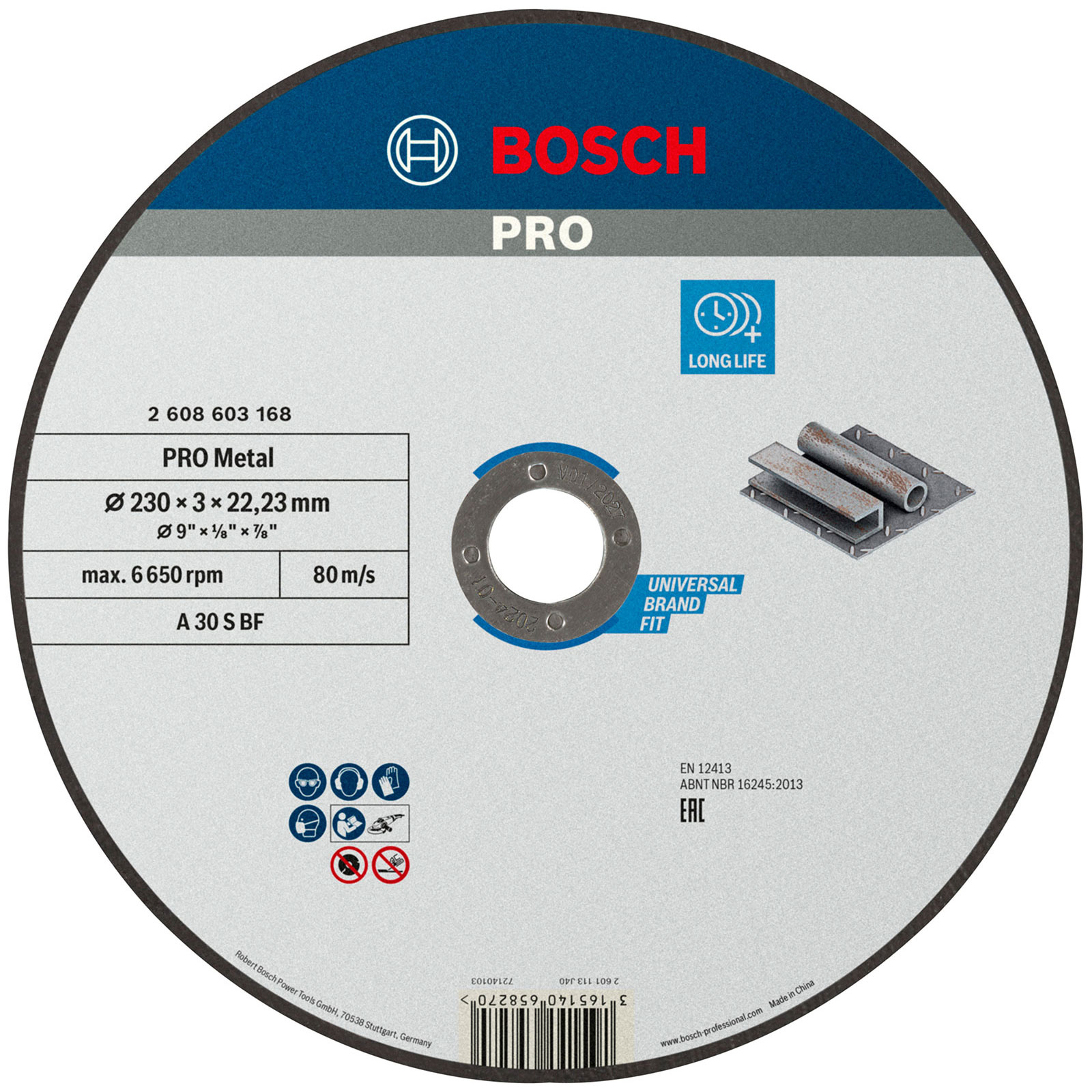 Bosch Pro metal kesme diski. Mavi, beyaz ve gümüş renklerde, metin ve görsellerle. Metal kesme aleti ve teknik özelliklerini gösterir.
