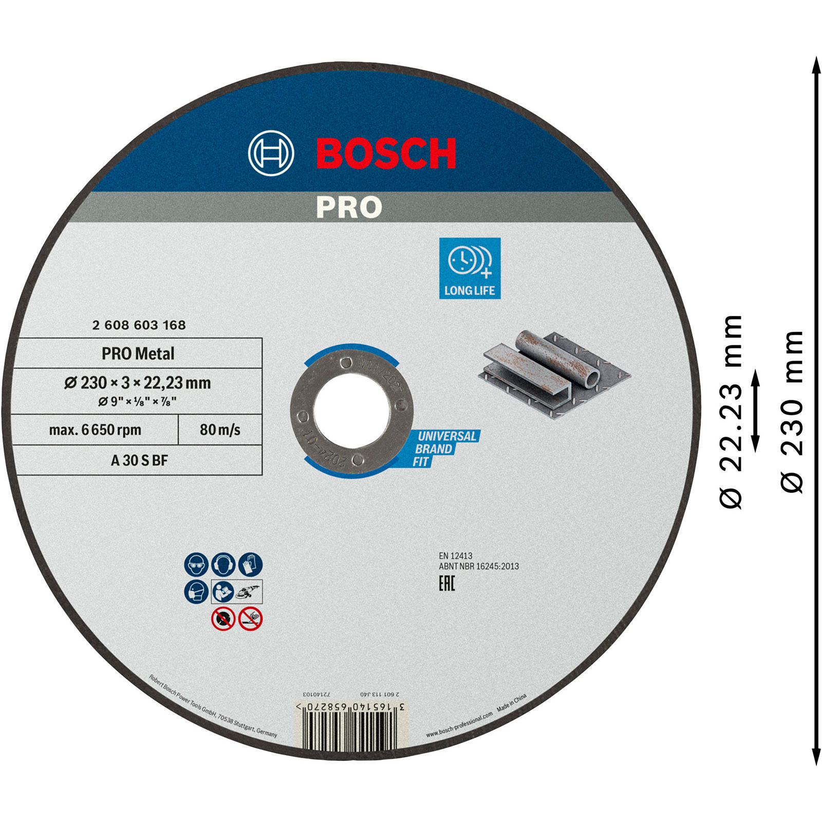 Bosch Pro metal kesme diski. Mavi ve gri, metin ve metal parçaları diyagramı ile. Boyutları ve güvenlik bilgilerini gösterir.