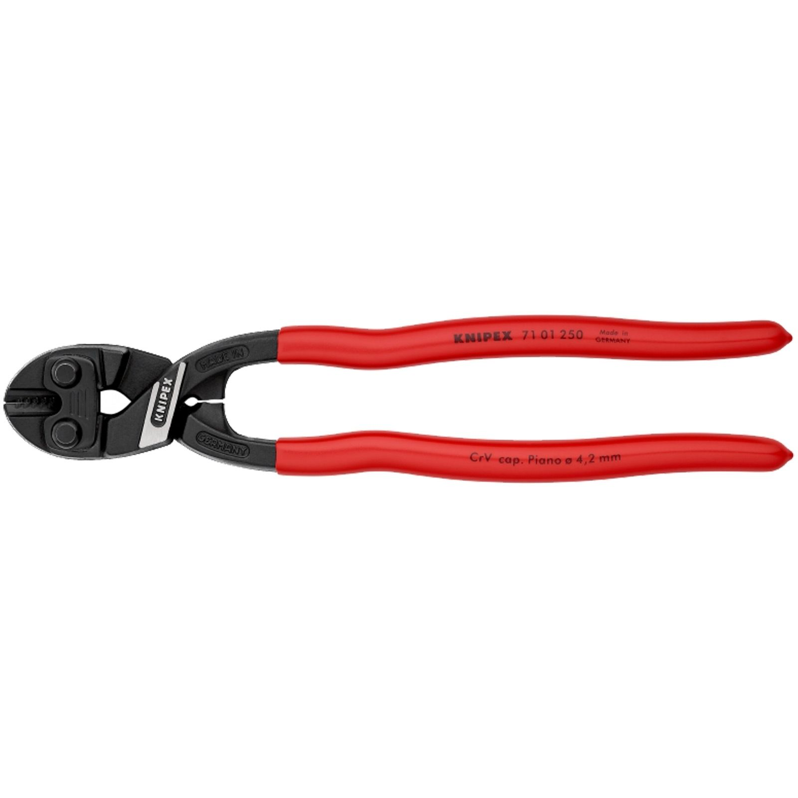 Un cortapernos Knipex con mangos rojos y cabezal de corte negro, etiquetado con modelo y especificaciones.