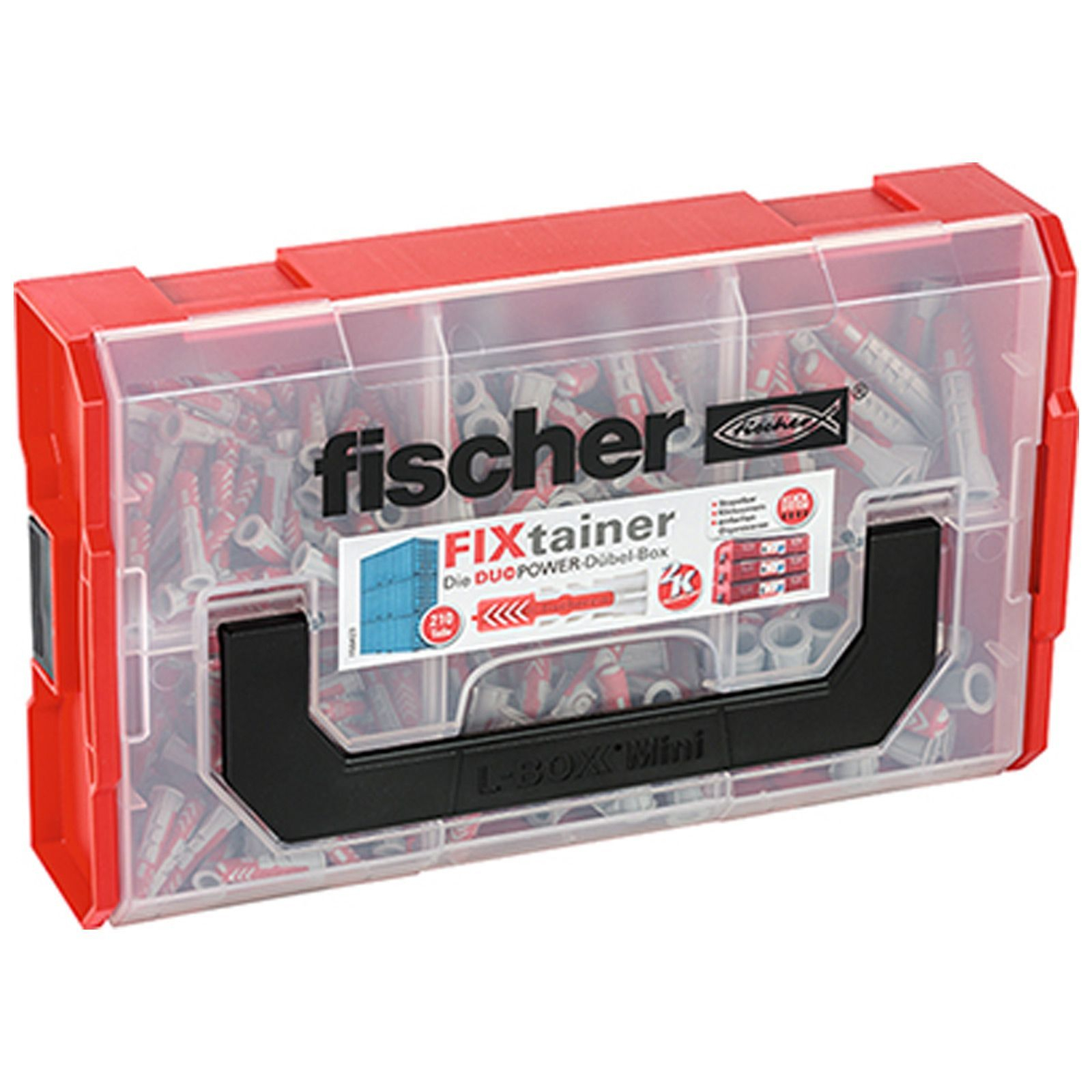 Eine rote und transparente Kunststoff-Werkzeugbox mit der Aufschrift 'fischer'. Sie enthält rot-weiße Dübel. Die Box hat einen schwarzen Griff.