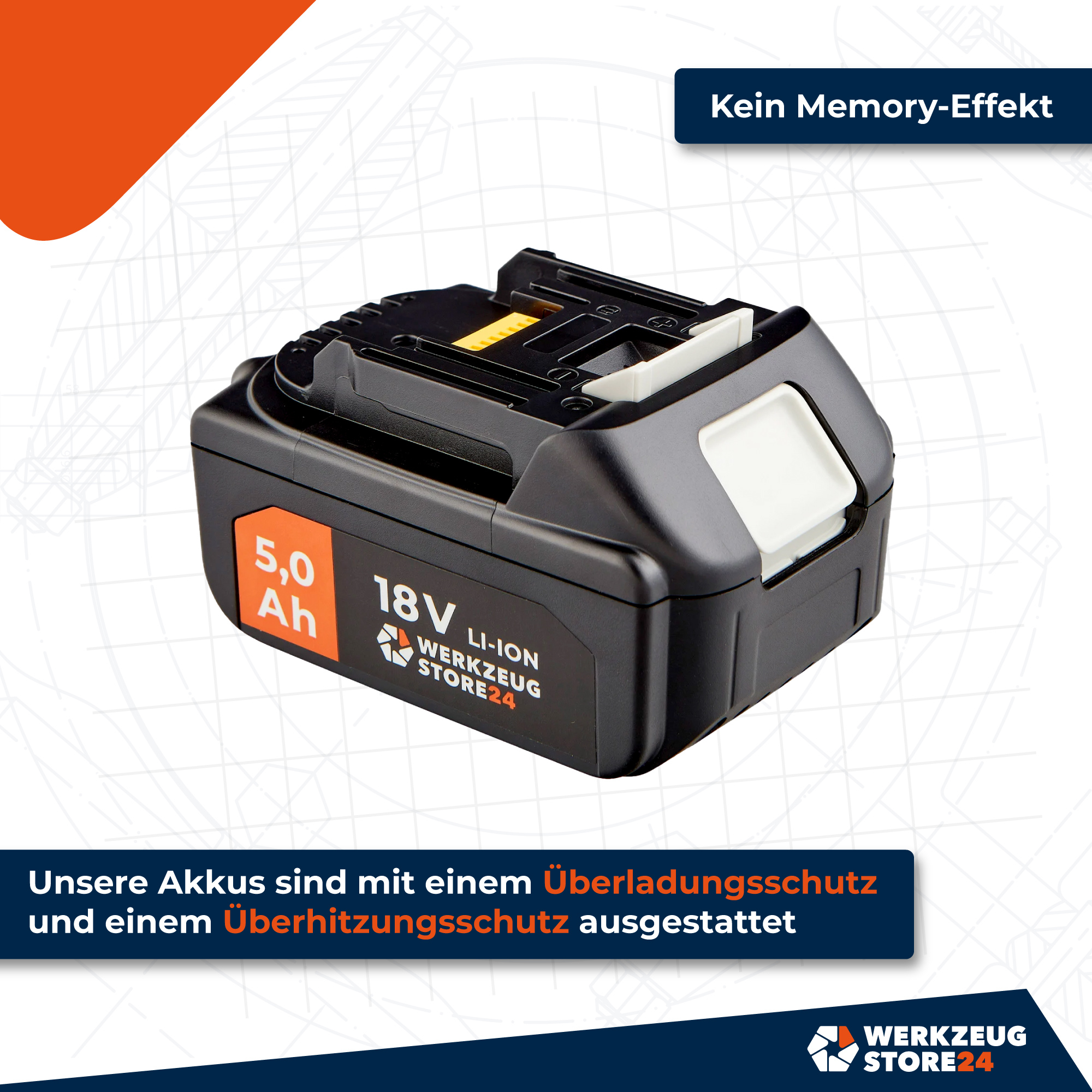 Schwarzer 18V Li-Ionen-Akku mit orangefarbenem Etikett mit 5,0 Ah. Der Akku ist von Werkzeug Store24.