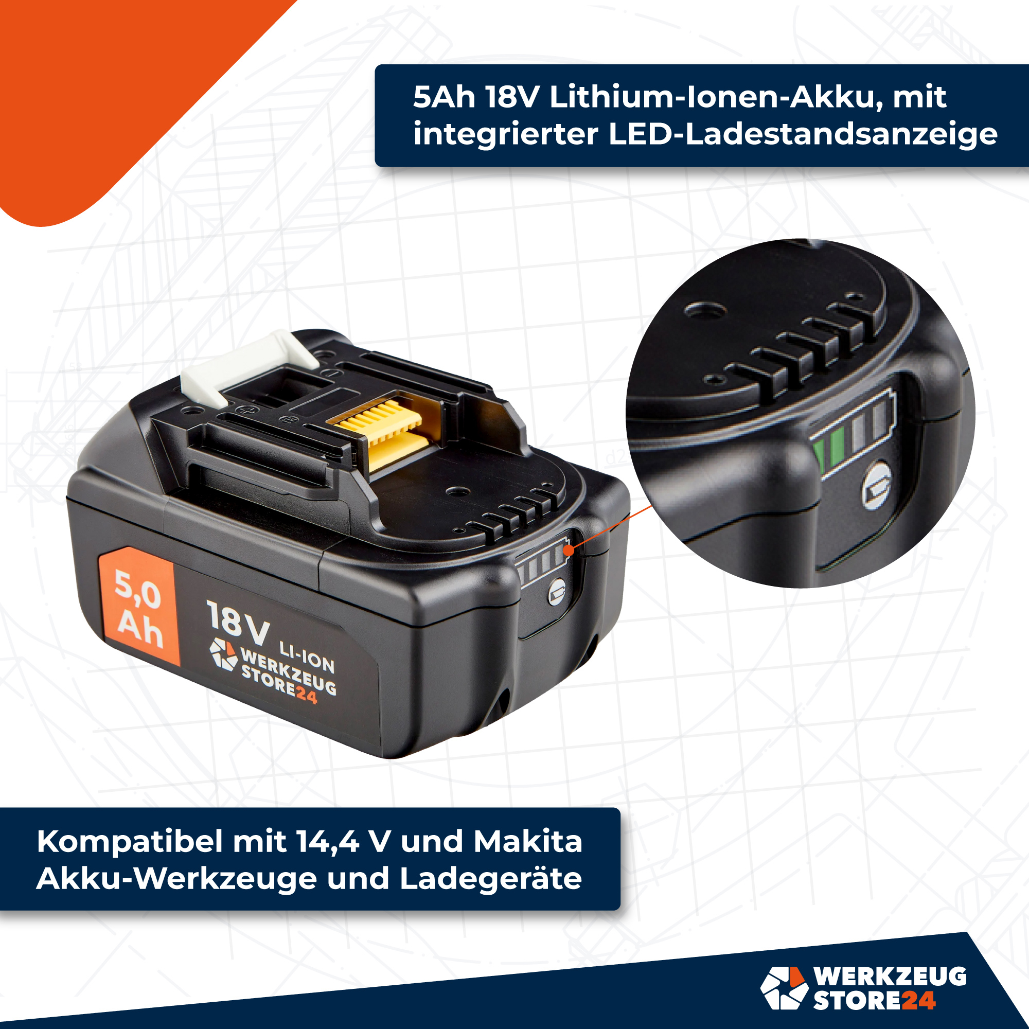 Schwarzer 18V Li-Ionen-Akku mit LED-Anzeige. Verfügt über 5,0 Ah und WERKZEUG STORE24-Branding. Kompatibel mit Makita-Werkzeugen.