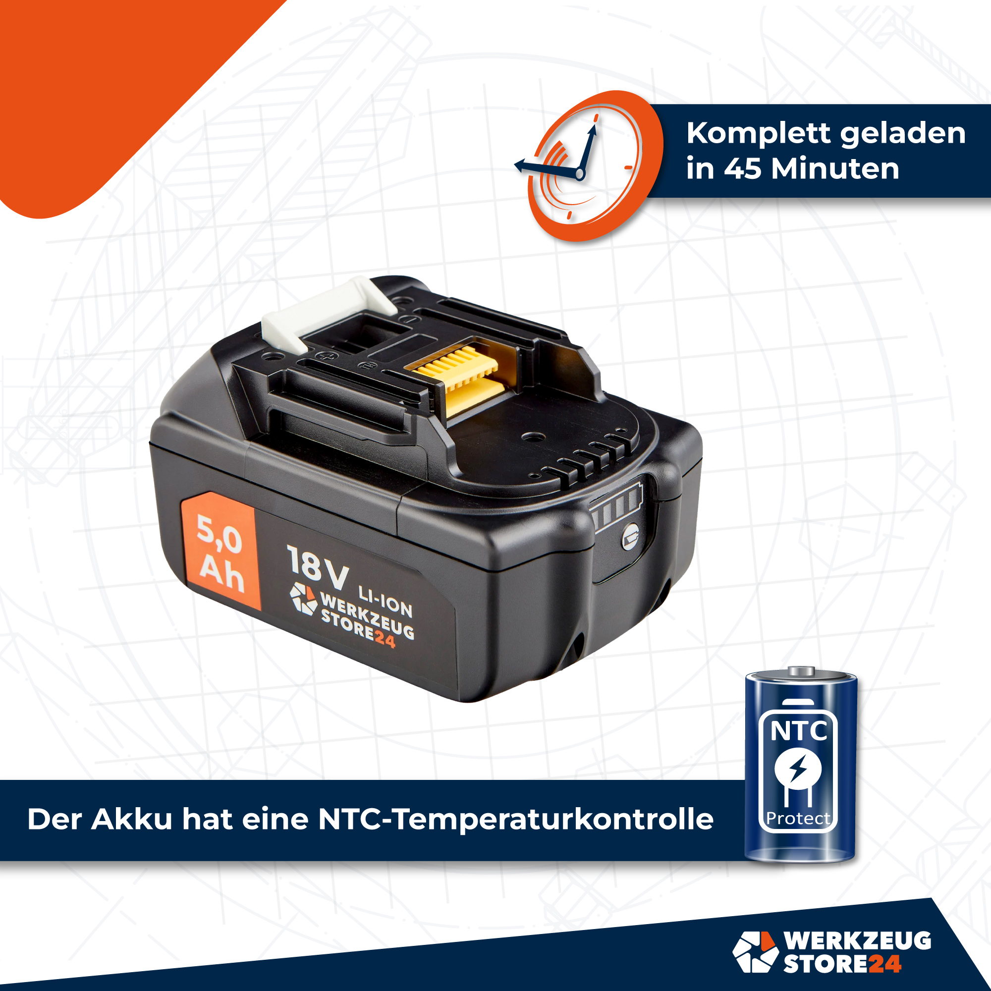 Schwarzer 18V-Li-Ionen-Akku mit 5,0 Ah, eine Uhr, die 45 Minuten Ladezeit anzeigt, und eine NTC-Temperaturkontrolle.
