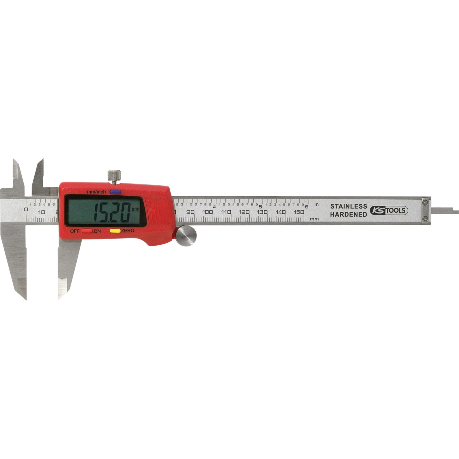 Ein digitales Messschieber zeigt 15,20 mm an. Das Werkzeug ist rot und silber, mit mm/Zoll und KSTOOLS-Branding.