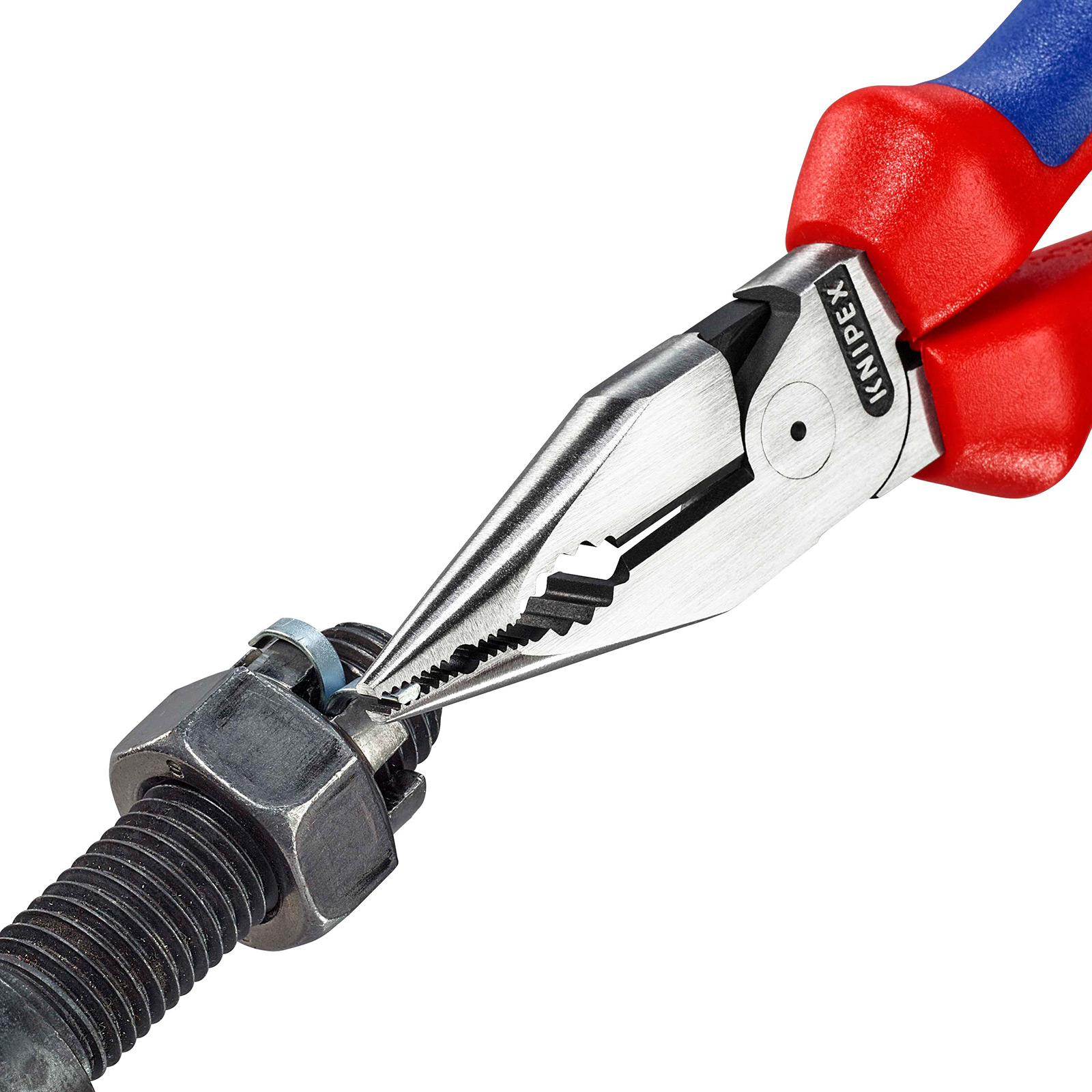 Szczypce trzymające nakrętkę na śrubie. Szczypce mają czerwone i niebieskie uchwyty. Nakrętka jest srebrna, a śruba czarna.