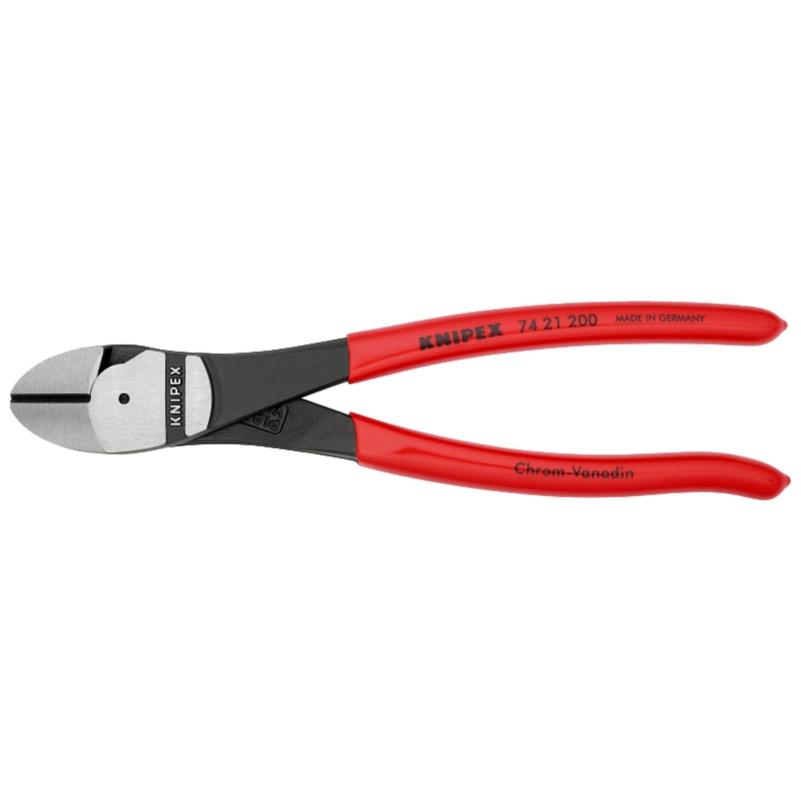 Knipex-Diagonalschneider. Rote Griffe, schwarzer Körper, silberne Schneidklingen. Markenname und Produktdetails sichtbar.