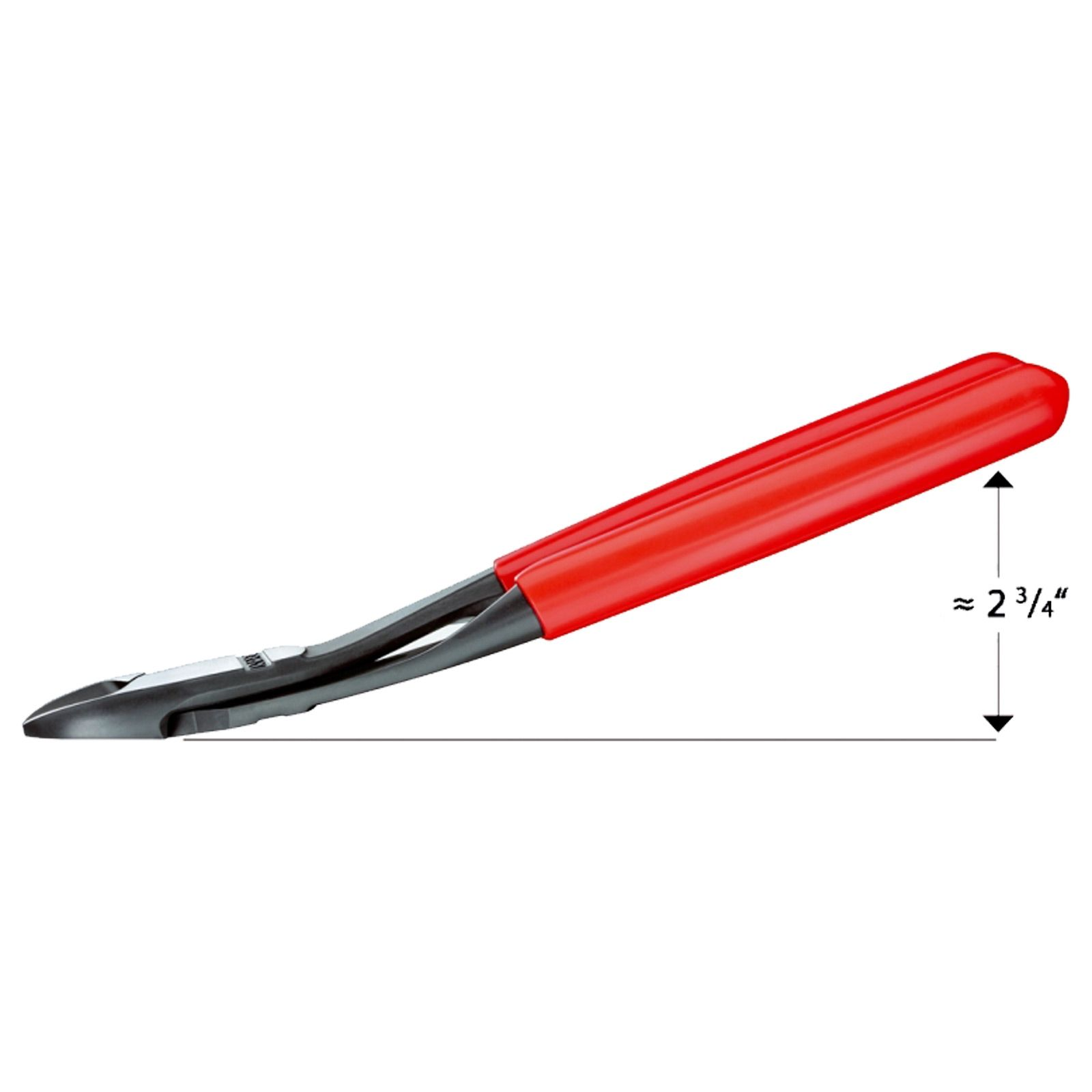 Diagonalschneider mit roten Griffen und dunkelgrauen Klingen. Das Werkzeug ist ca. 2 3/4 Zoll lang.