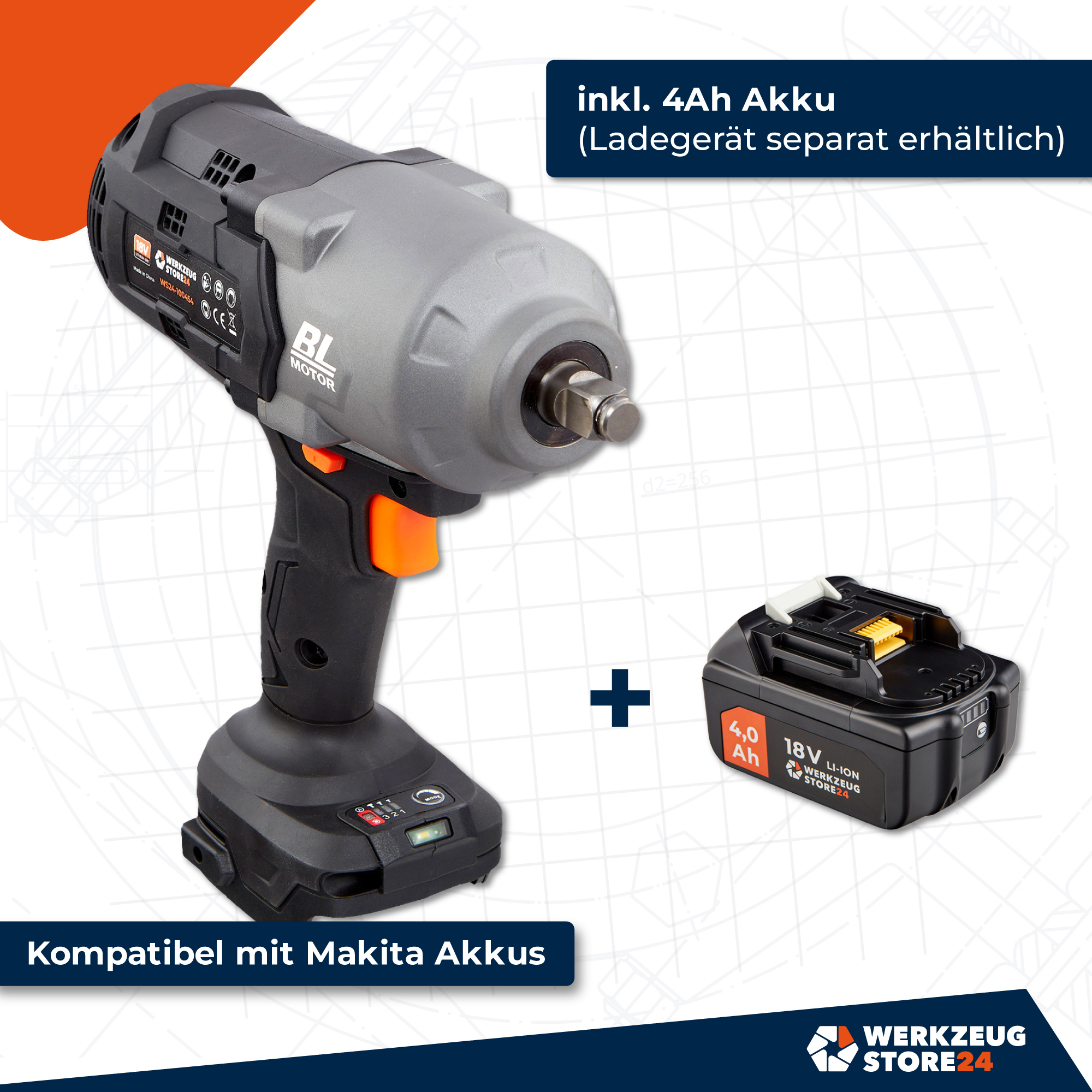 Ein Schlagschrauber und ein Akku. Der Schrauber ist grau und schwarz. Der Akku ist schwarz mit einem orangefarbenen Etikett.
